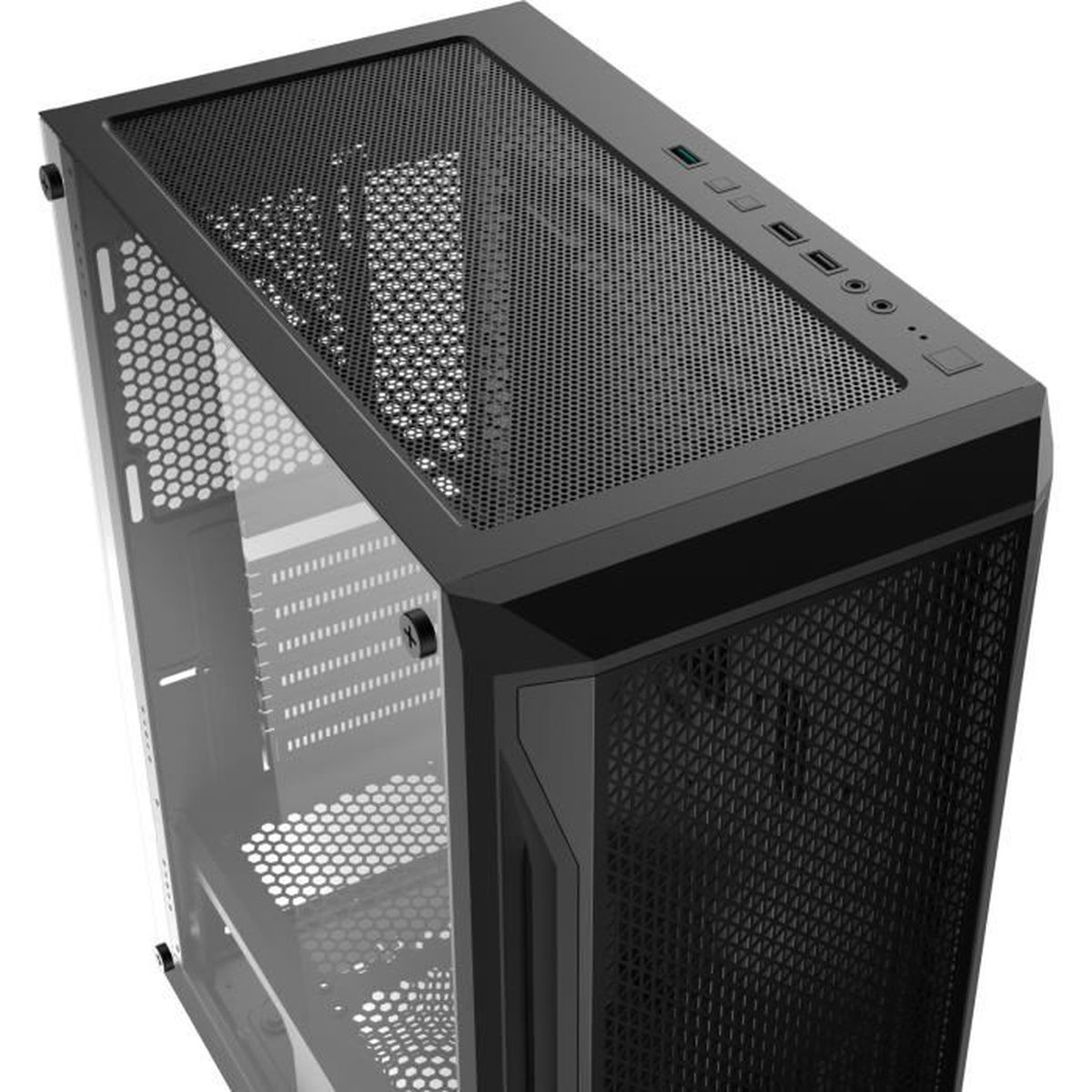 A black computer case with a mesh front panel and a transparent side panel. It is a high angle shot.