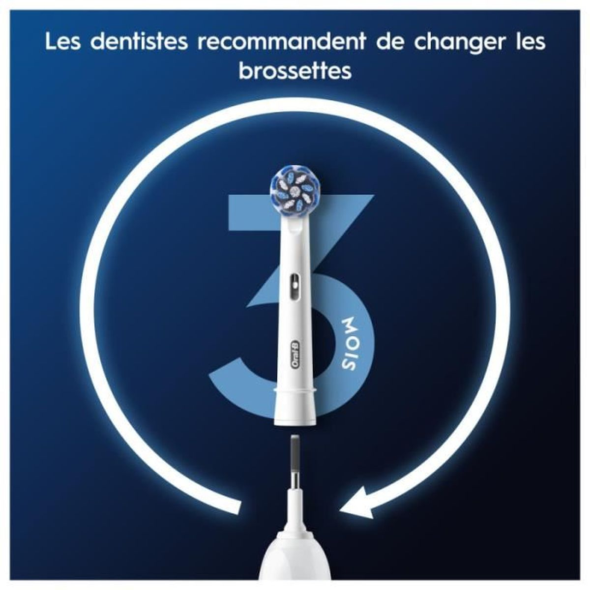 Una testina per spazzolino Oral-B con manico bianco, con promemoria di 3 mesi.