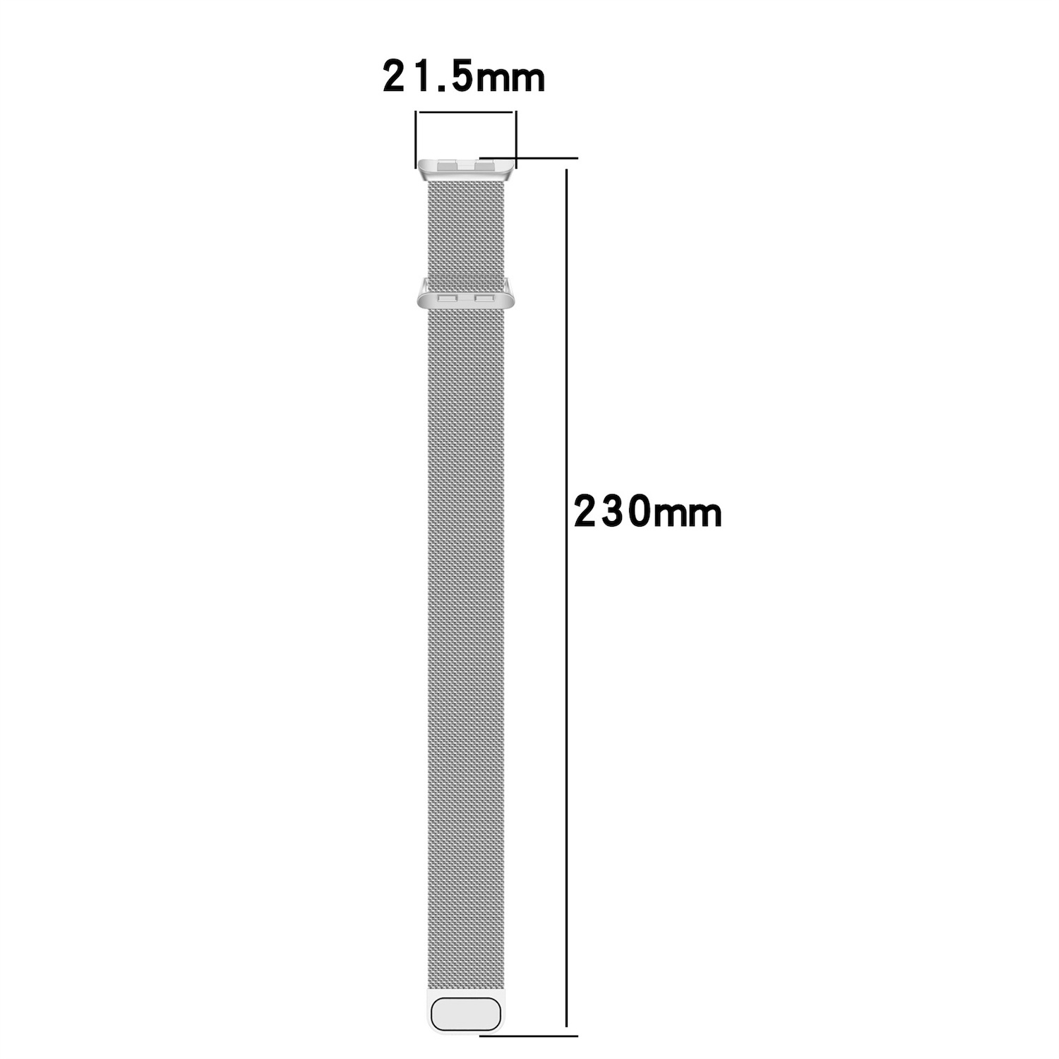 Silbernes Uhrenarmband mit Maßangaben: 230mm lang, 21,5mm breit.