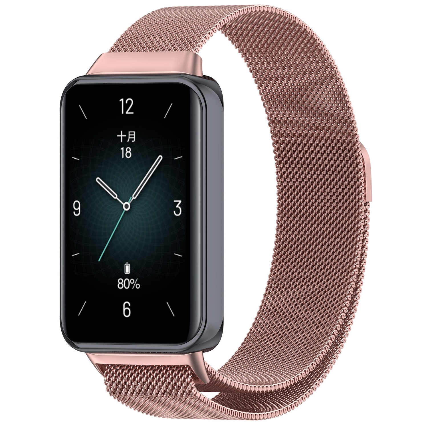 Smartwatch mit schwarzem Bildschirm und roségoldenem Metallband. Zeigt Zeit, Datum und Akkustand an.