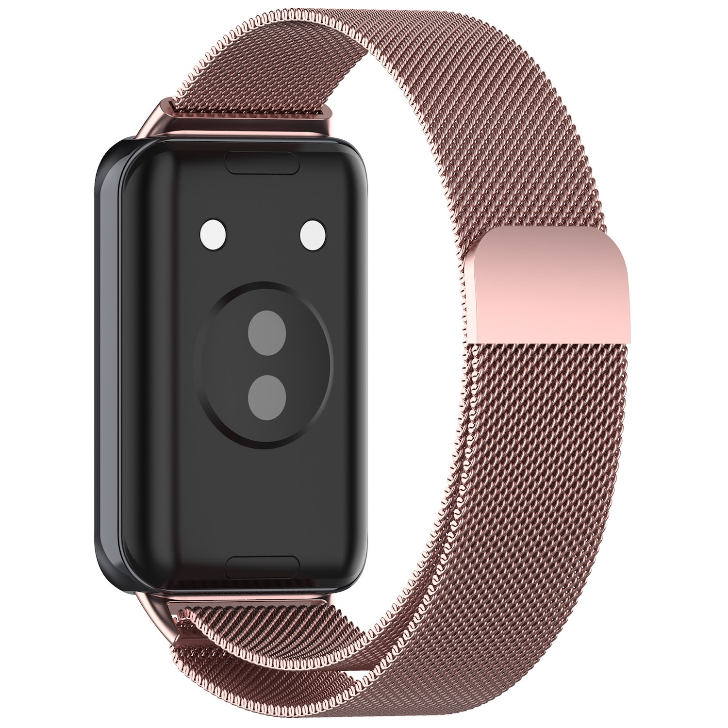 Roségoldene Smartwatch mit schwarzem Display und metallischem Mesh-Armband.