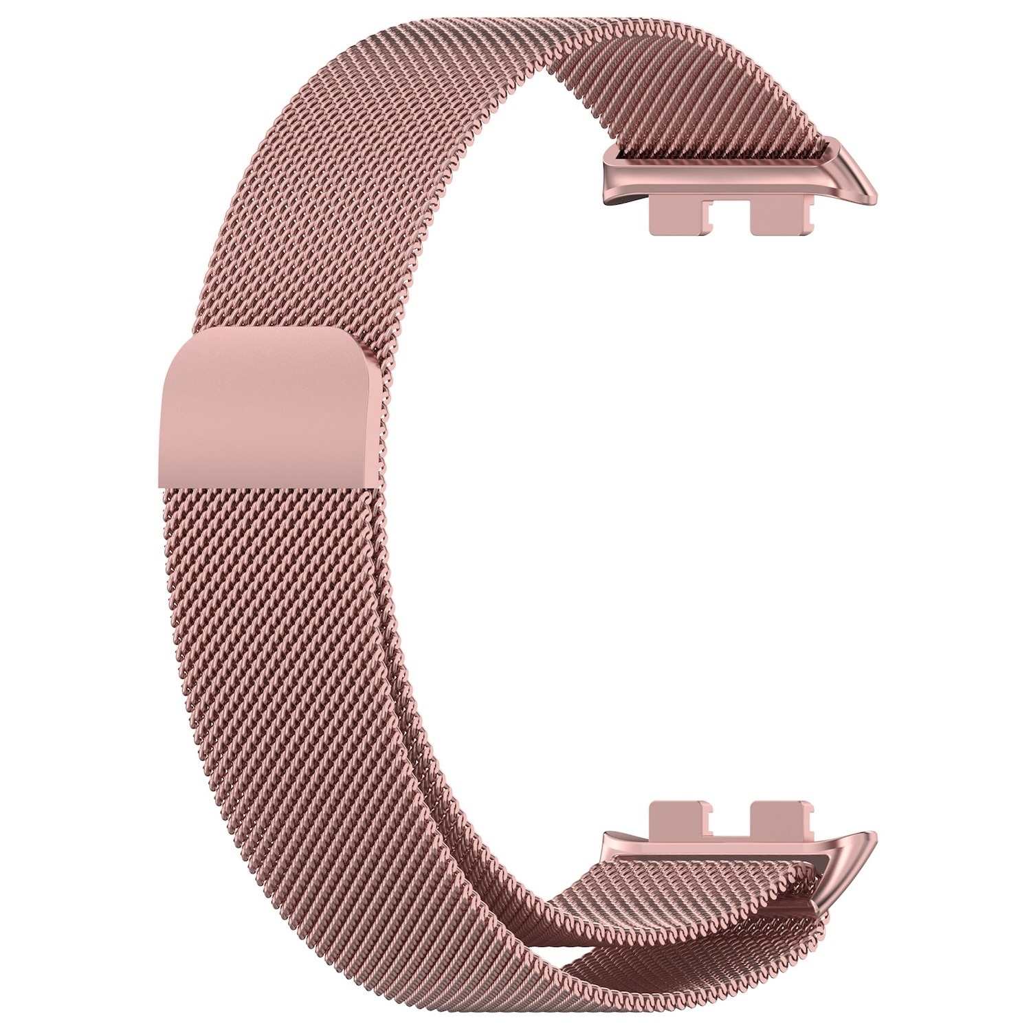 Roségoldfarbenes Mesh-Uhrenarmband, C-förmig gebogen, mit Anschlüssen an jedem Ende.