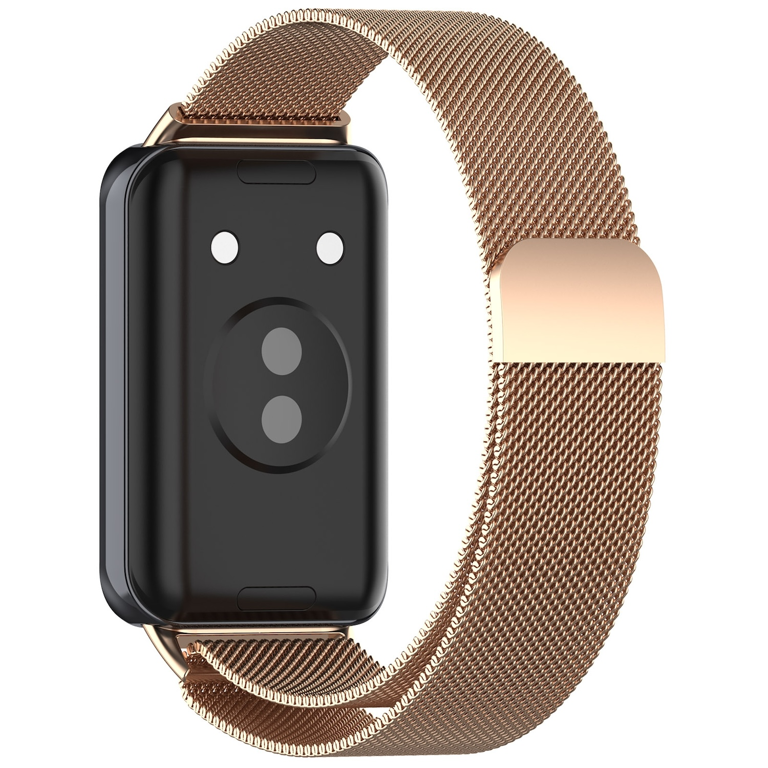Ein schwarzer Fitnesstracker mit einem goldfarbenen Mesh-Armband, auf weißem Hintergrund.