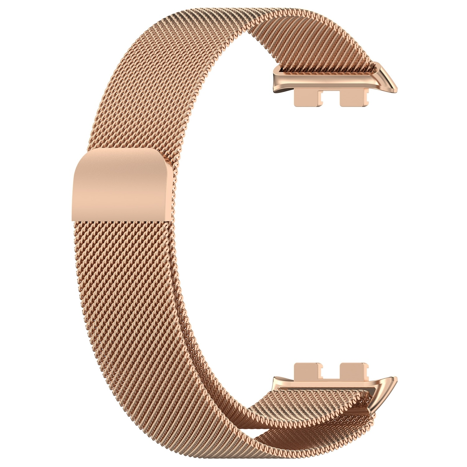 Roségoldfarbenes Uhrenarmband. Es ist ein Mesh-Band mit Magnetverschluss.