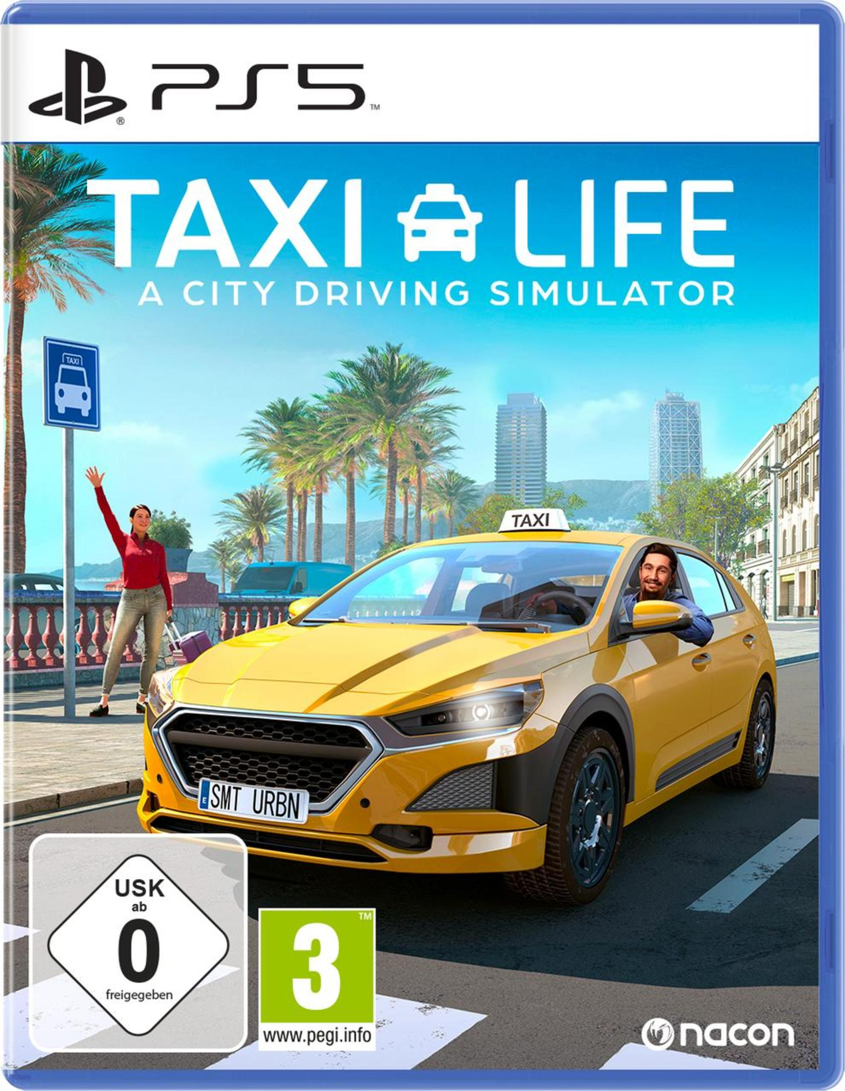 Una caja de juego de PS5 para Taxi Life. Un taxi amarillo está en la carretera con un conductor. Una mujer saluda.