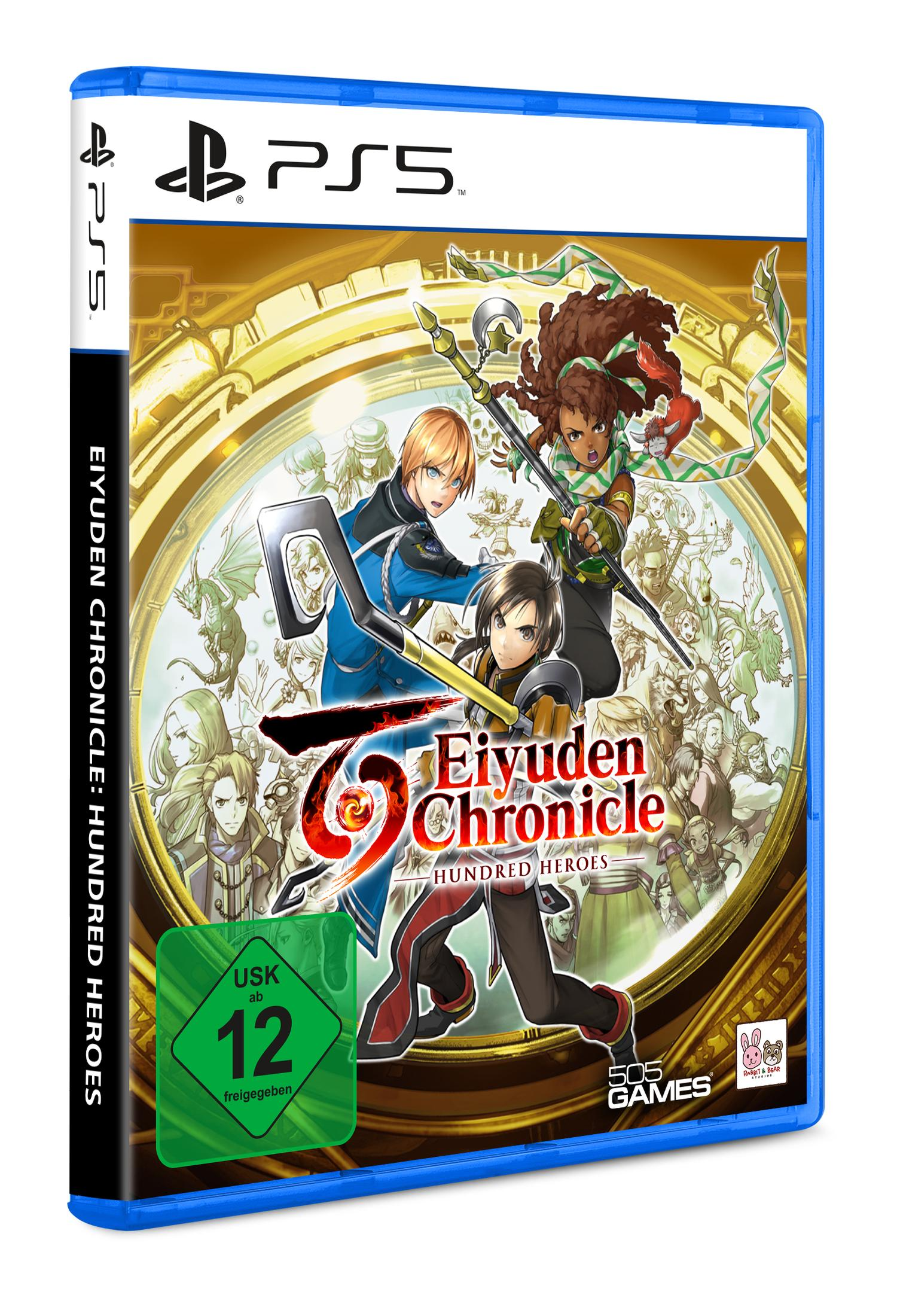PS5-Spielbox für Eiyuden Chronicle: Hundred Heroes. Das Cover zeigt Charaktere in Aktion. Blaue Hülle.