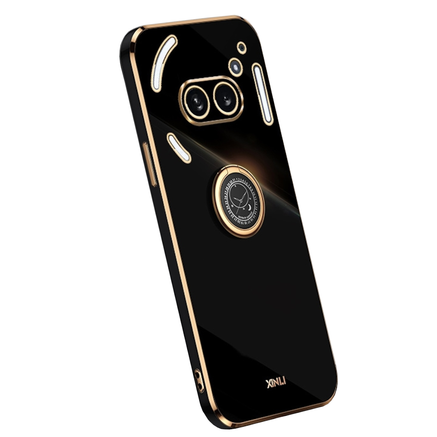 Schwarze Smartphone-Hülle mit goldenen Akzenten. Mit Kameraausschnitten und einem Ringhalter.