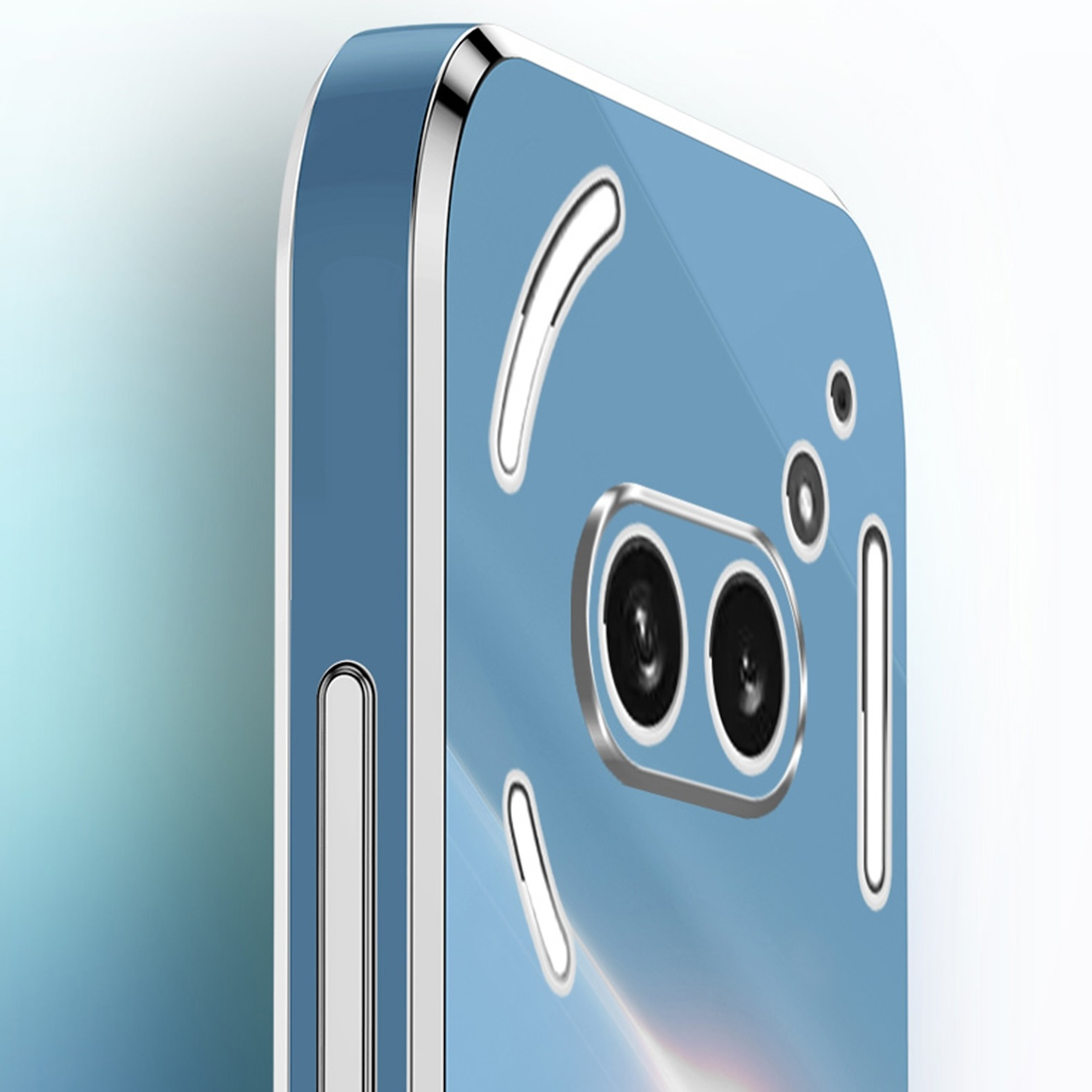 Nahaufnahme einer hellblauen Telefonrückseite. Es hat ein Kameramodul mit mehreren Objektiven und einen silbernen Rahmen.