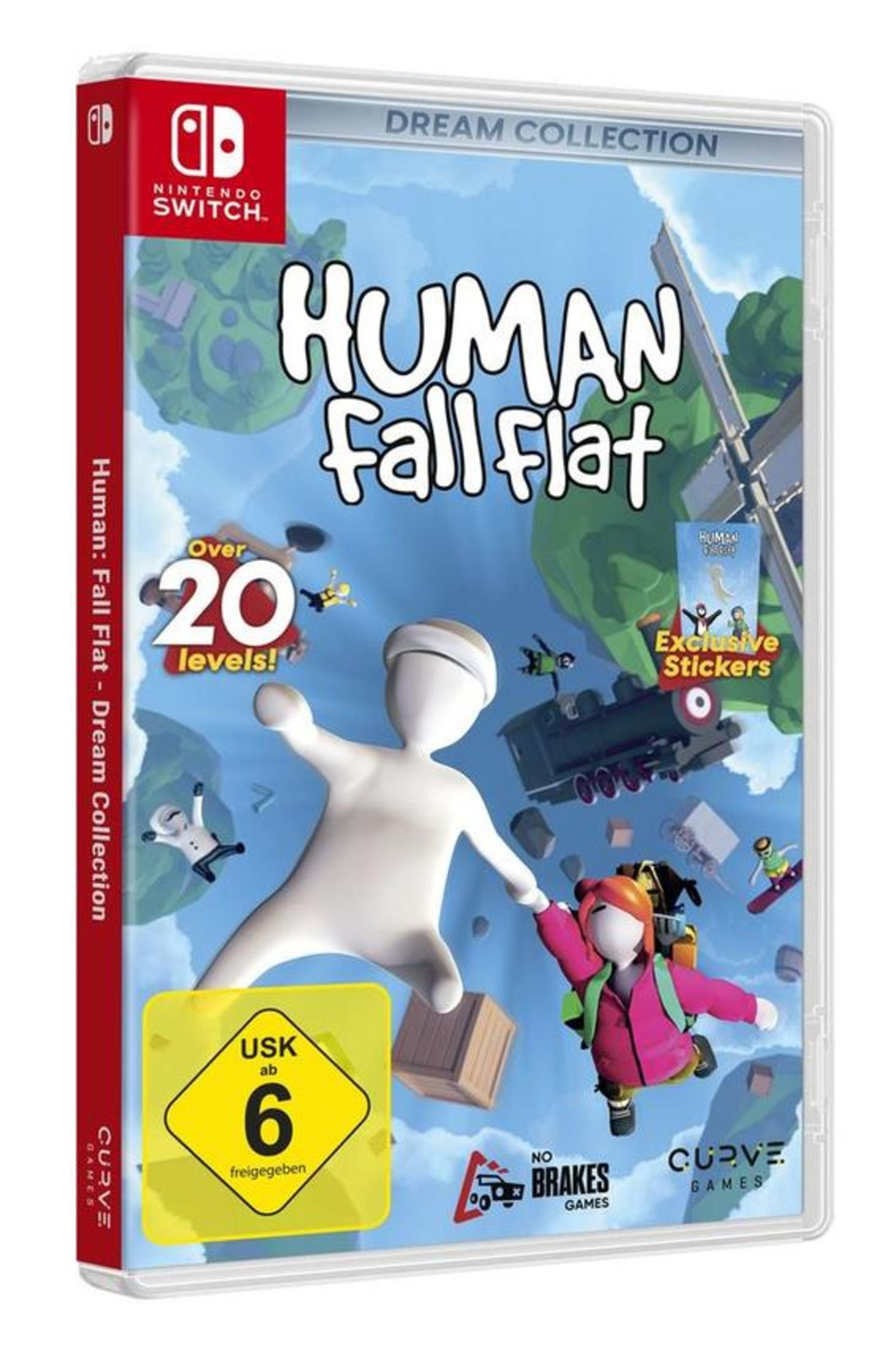 Videospielhülle für 'Human Fall Flat' mit Zeichentrickfiguren auf blauem Himmelhintergrund.