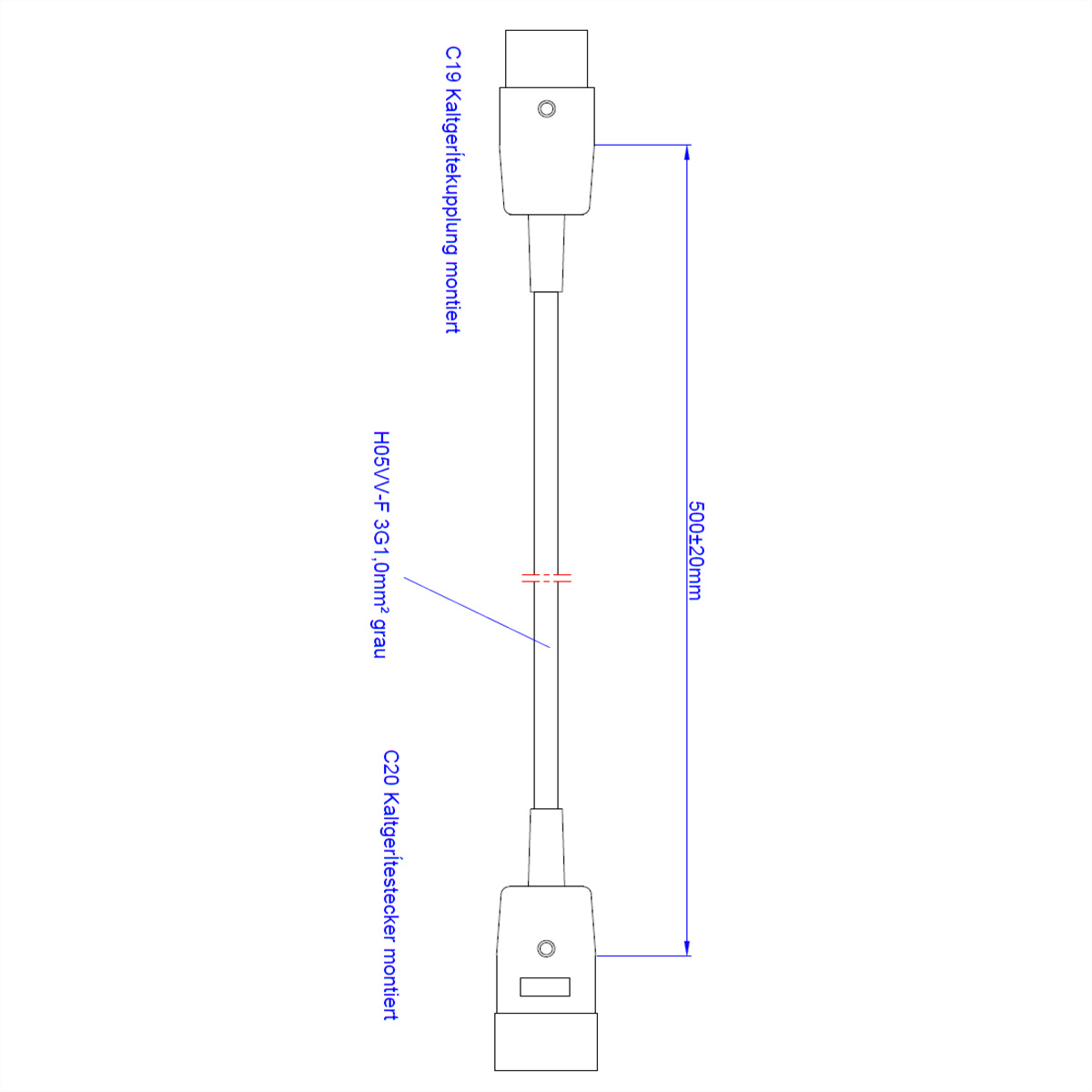Black cable with connectors at each end. White background, with text.