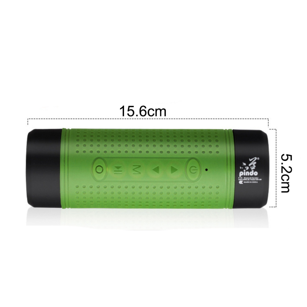 Grün-schwarzer zylindrischer Lautsprecher mit Knöpfen und einer Messung von 15,6 cm. Weißer Hintergrund.