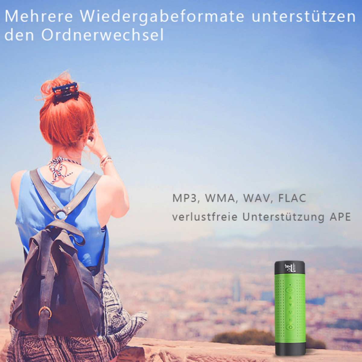 Eine Frau mit roten Haaren hört Musik mit einem grünen Lautsprecher, mit Text auf Deutsch.