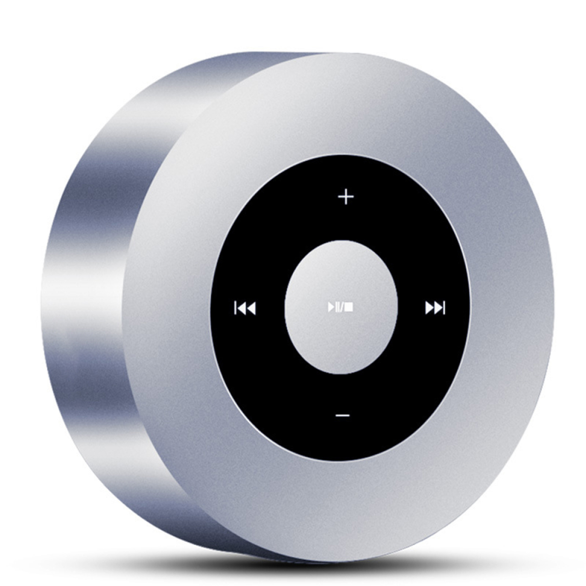 Silberner, kreisförmiger Bluetooth-Lautsprecher mit Steuertasten. Schwarzes Zentrum und Seitentasten.