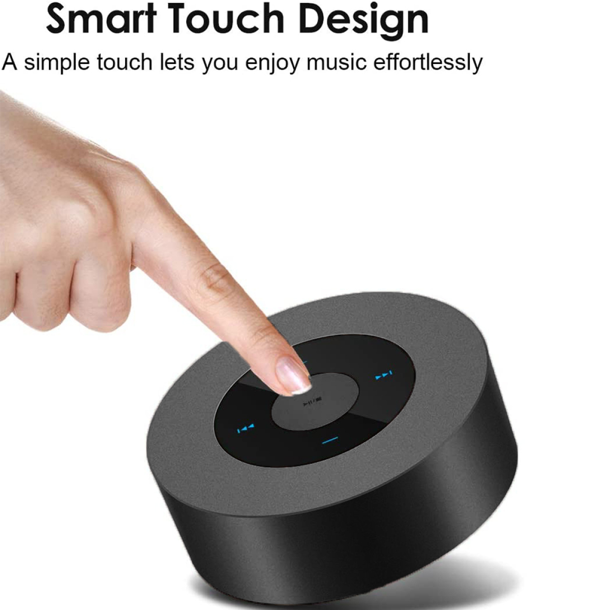 Ein schwarzer und grauer Lautsprecher. Ein Finger berührt die Oberseite. Text: Smart Touch Design. Einfaches Berühren Musik genießen.