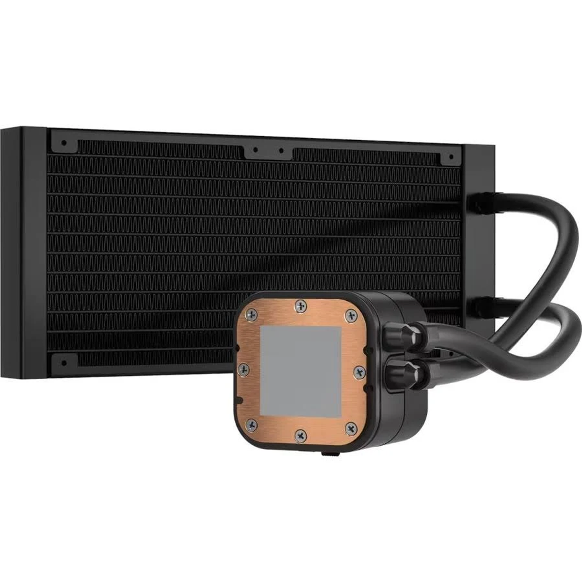 Un sistema di raffreddamento a liquido per computer, con radiatore nero e blocco CPU.