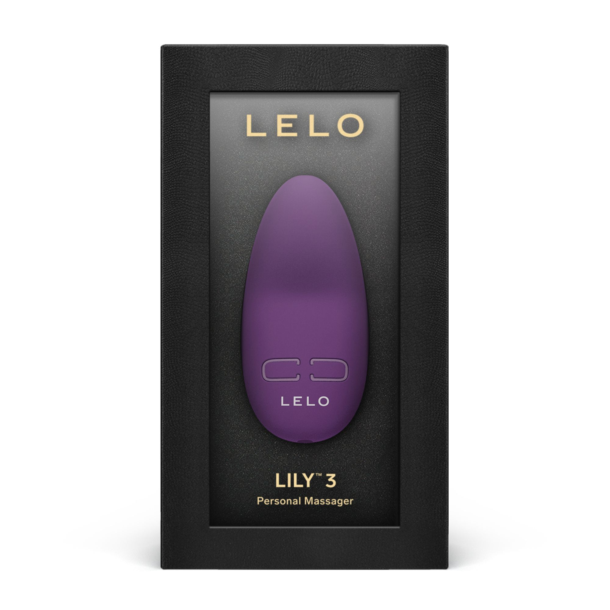 Lila LELO Lily 3 persönliches Massagegerät in einer schwarzen Box, weißer Hintergrund.