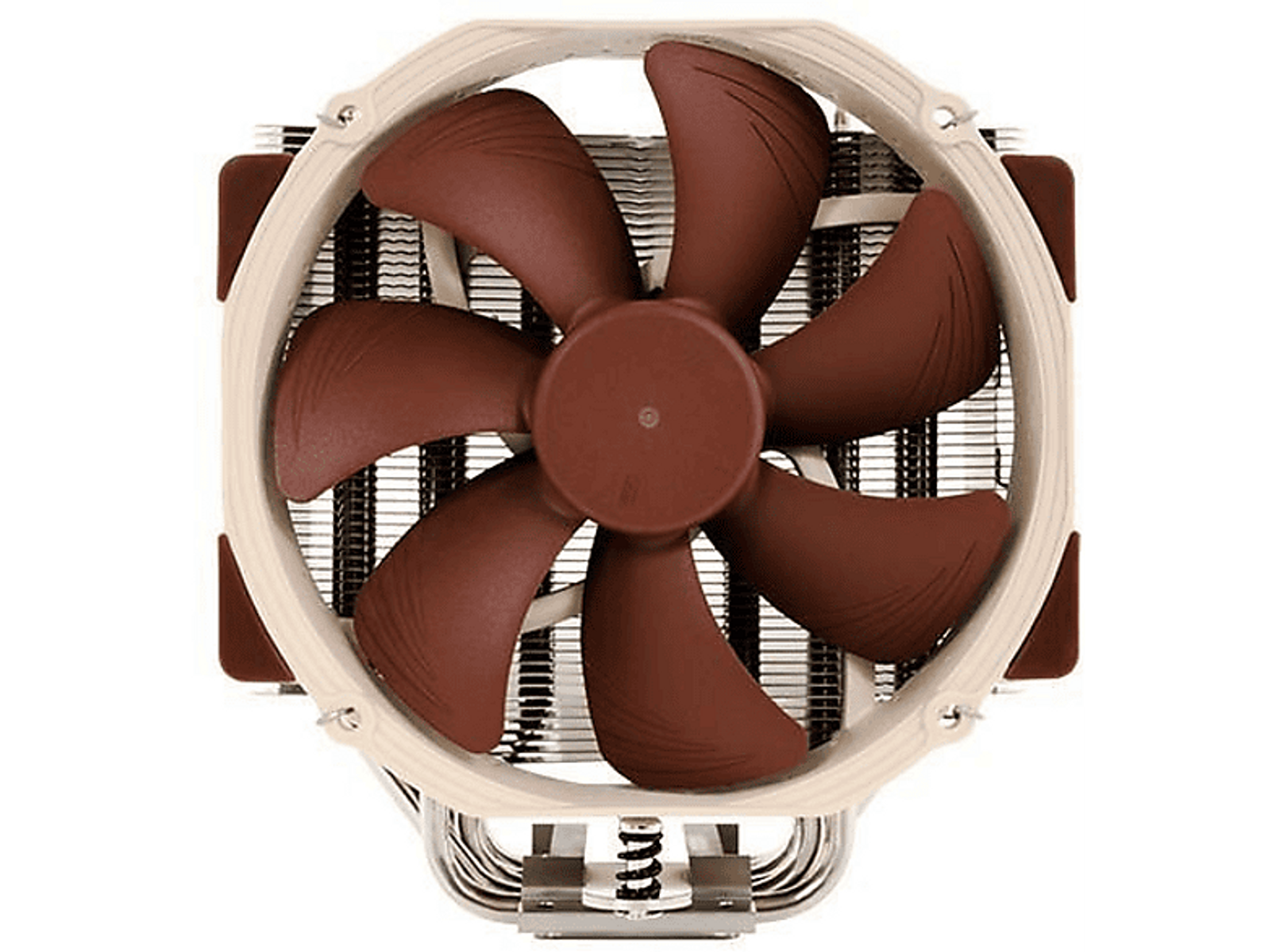 Wentylator chłodzenia procesora. Brązowe łopatki wentylatora, srebrna metalowa konstrukcja. Widok z góry.