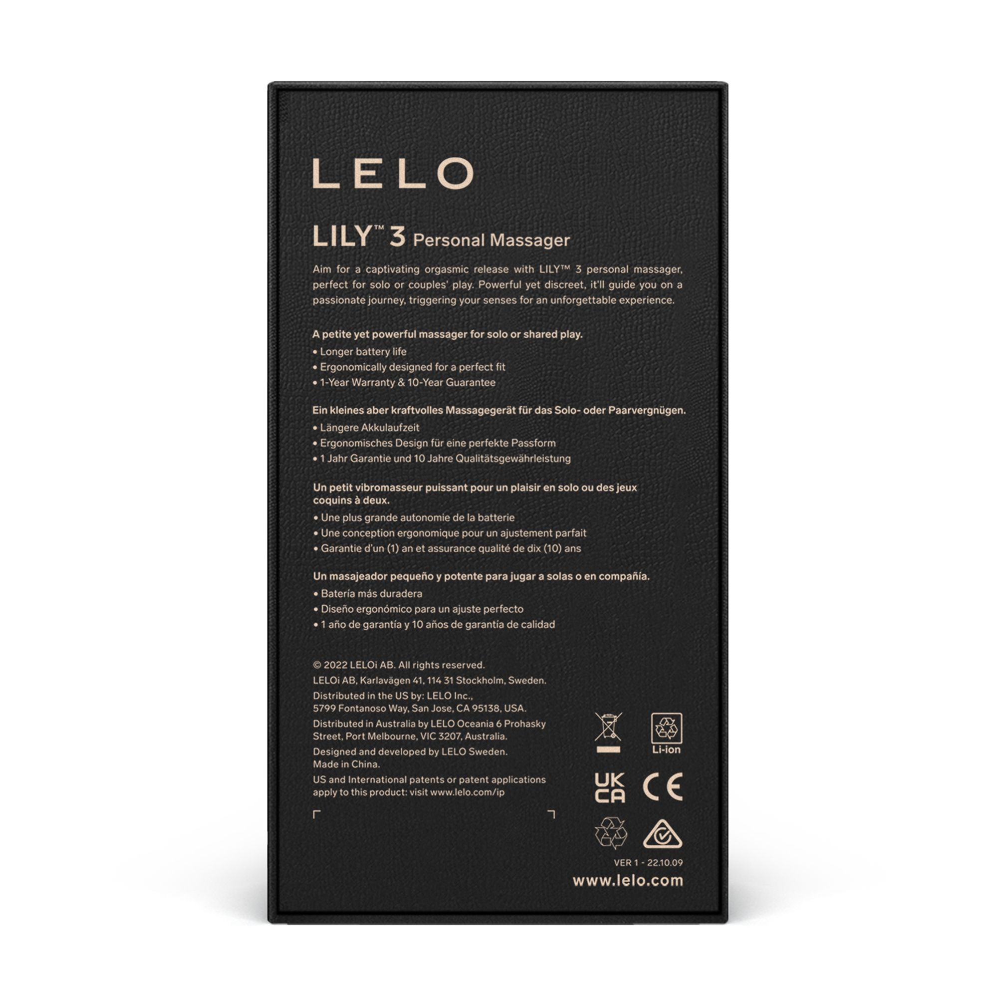 Eine schwarze Produktverpackung mit weißem Text und Diagramm. Enthält Produktinformationen.