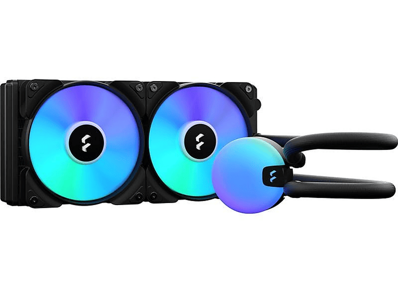 Een vloeistofkoeler met twee ventilatoren. De ventilatoren hebben een cirkelvormig ontwerp en RGB-verlichting.