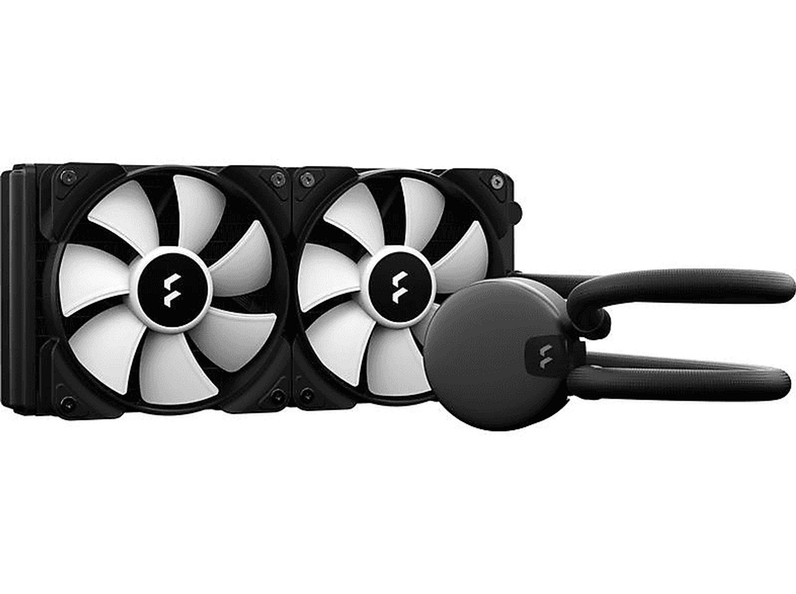 Zwarte vloeistofkoeler met twee ventilatoren en een centrale koelunit.
