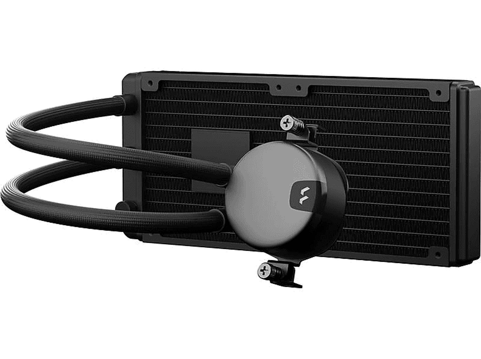 Een zwarte radiator met twee zwarte buizen en een cirkelvormig apparaat.