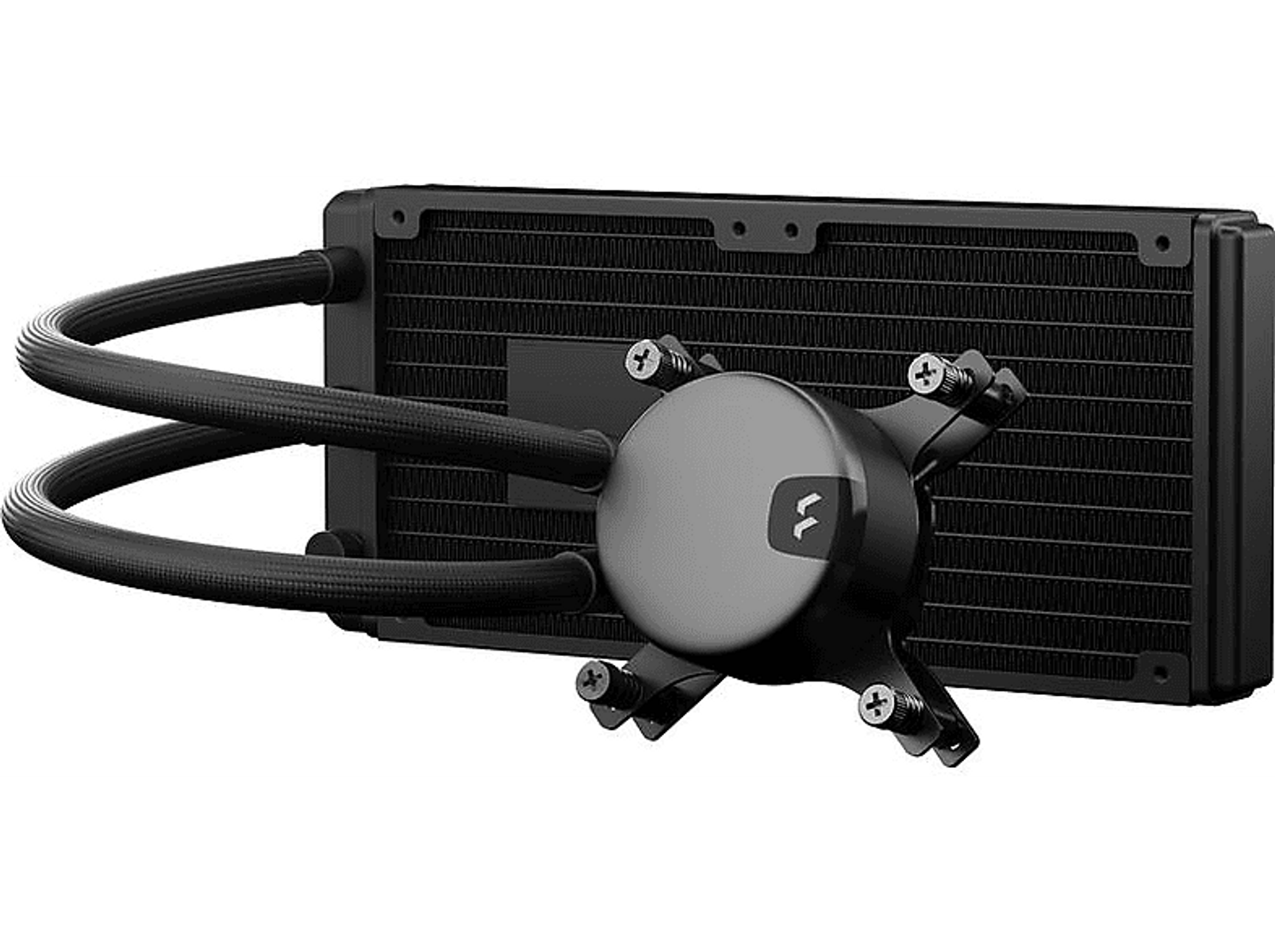 Zwart vloeistofkoelsysteem voor een computer CPU. Inclusief een pomp, buizen en een radiator met vinnen.