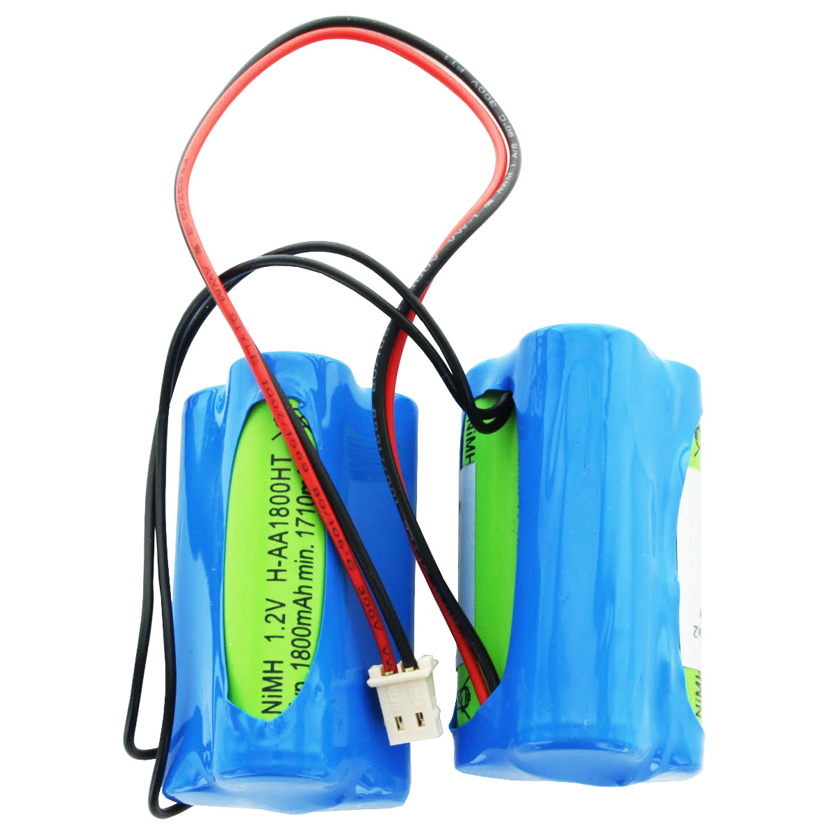 Zwei blau umwickelte zylindrische Batterien mit roten und schwarzen Drähten, weißer Hintergrund.