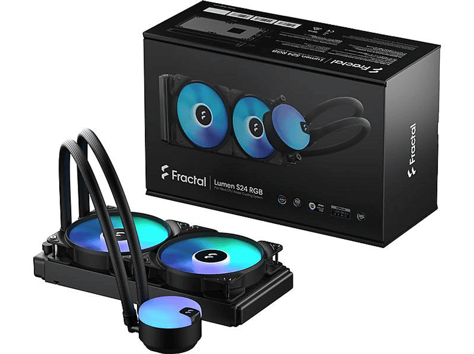 Een Fractal Lumen S24 RGB vloeistofkoeler voor een pc, met ventilatoren en een doos. De ventilatoren tonen gekleurde lichten.