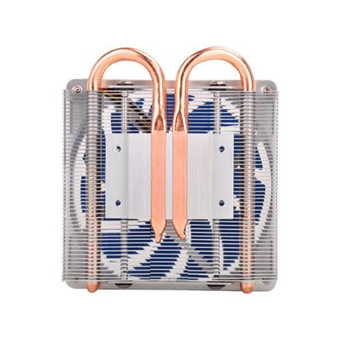 Un dissipatore CPU argento e rame con una ventola.