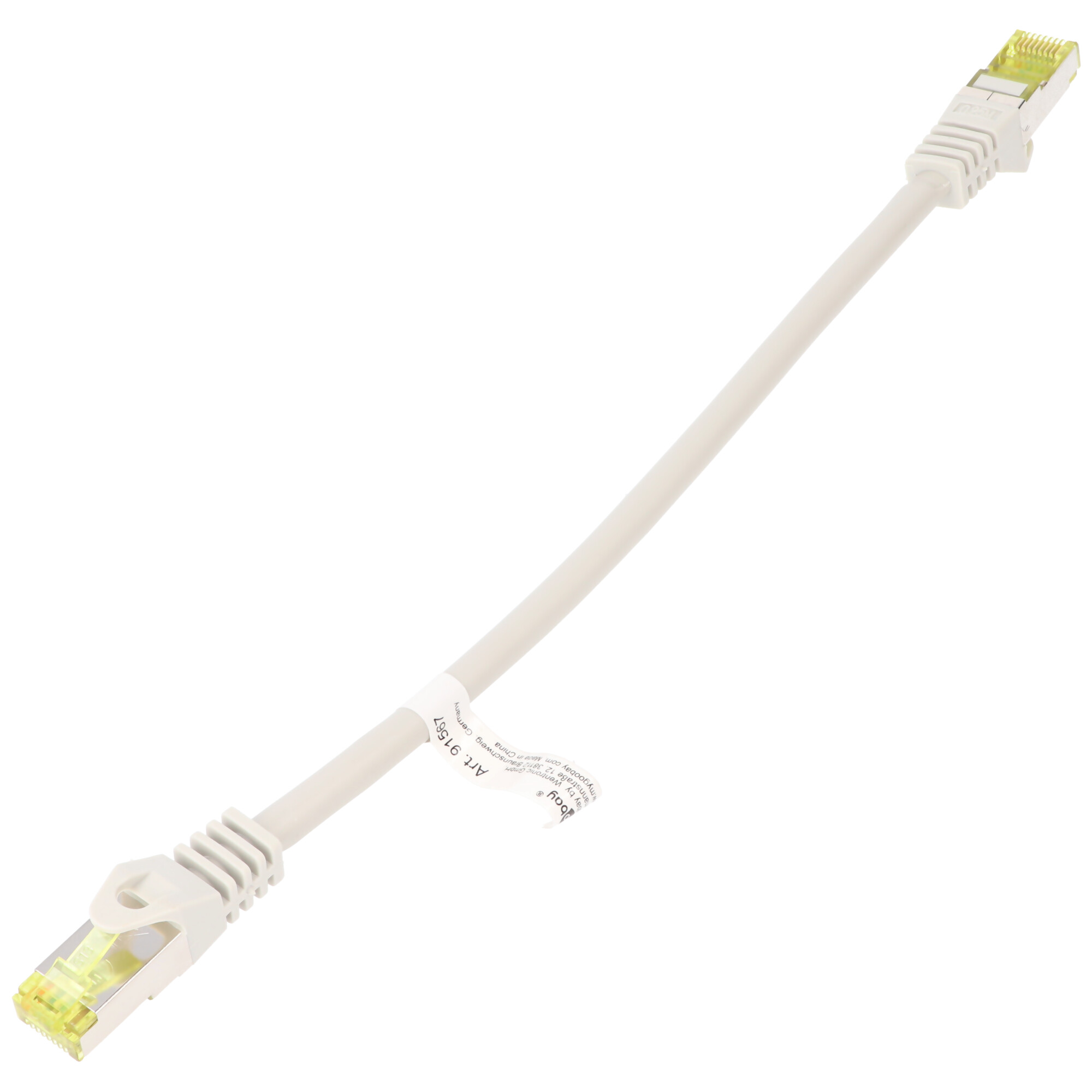 Szary kabel sieciowy z żółtymi złączami. Białe tło.