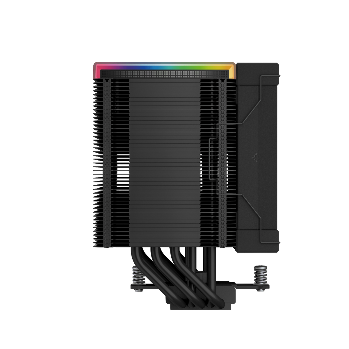 Czarny cooler CPU. Żebra, rurki cieplne i czarny wentylator. Oświetlenie RGB na górze.