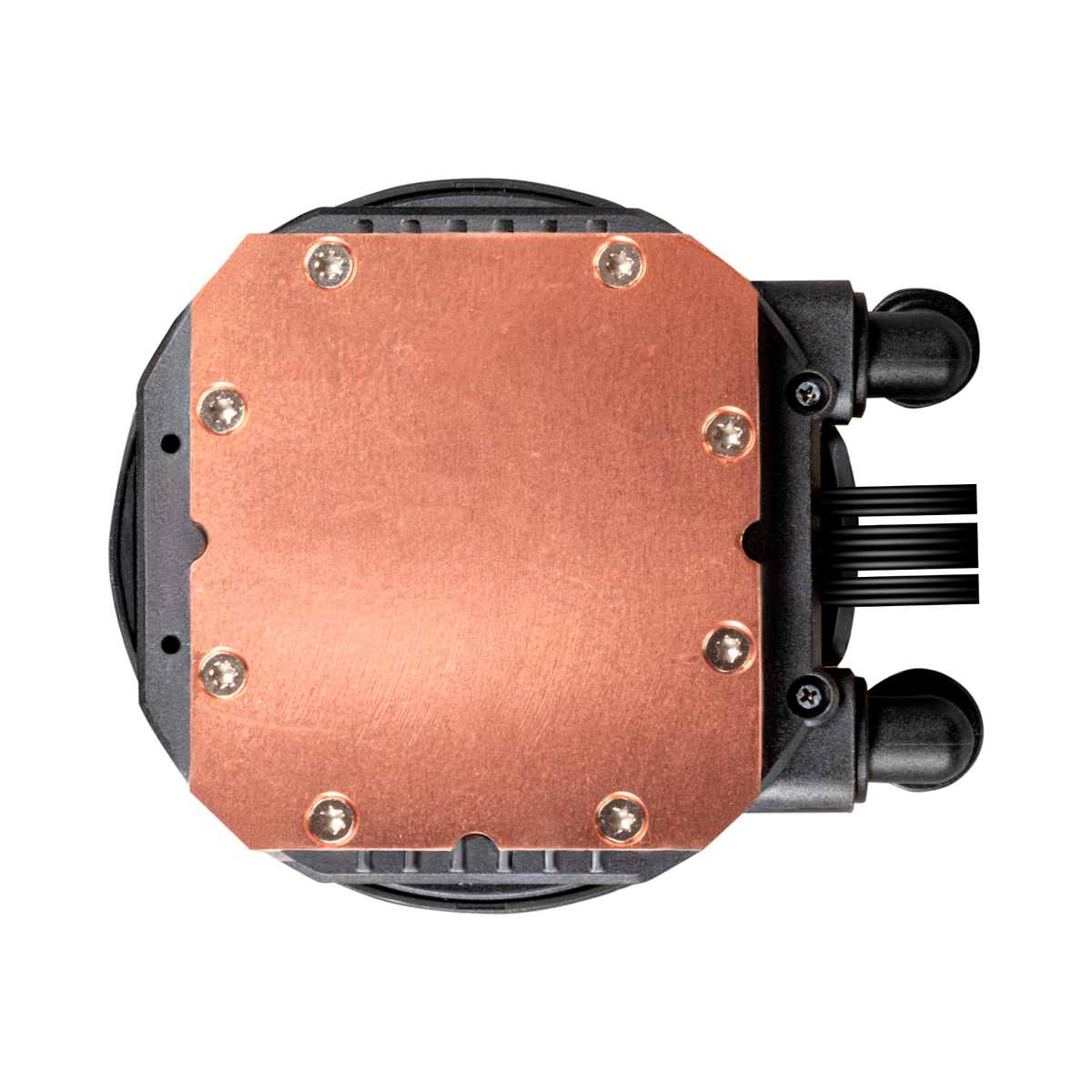 Widok z góry na chłodnicę CPU z miedzianą podstawą, śrubami i czarnymi mocowaniami.