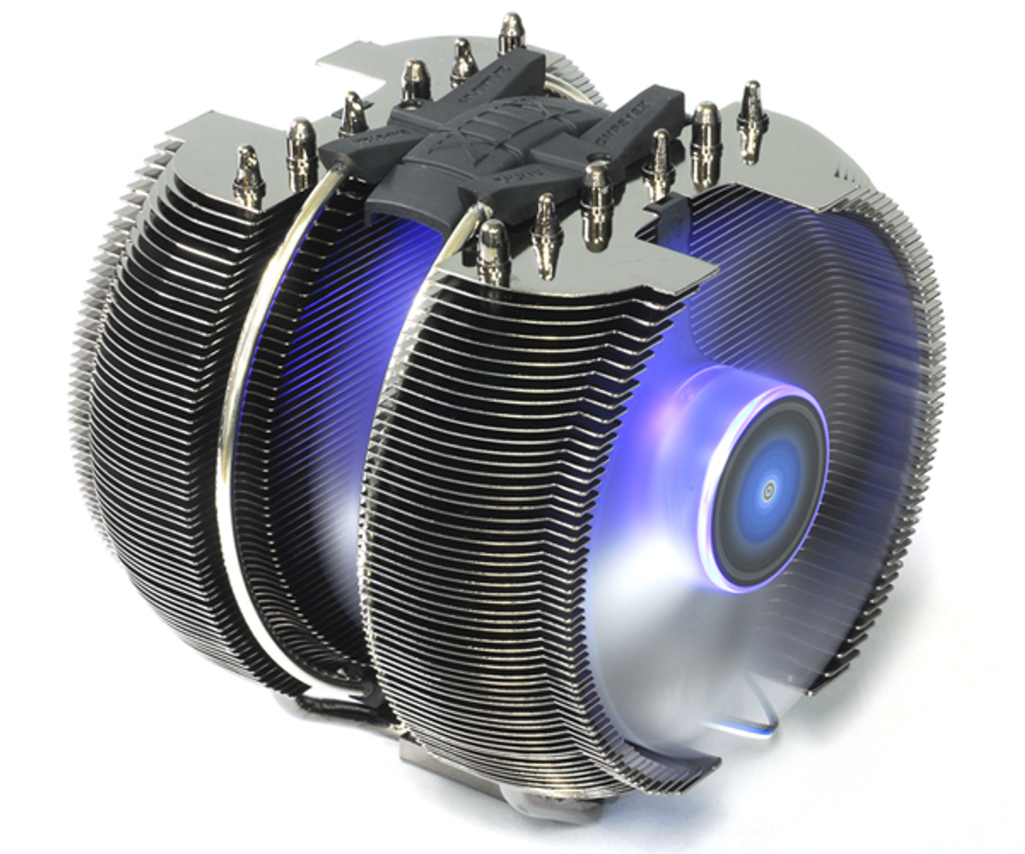 Dissipatore CPU argento e nero con ventola LED blu e alette di raffreddamento.