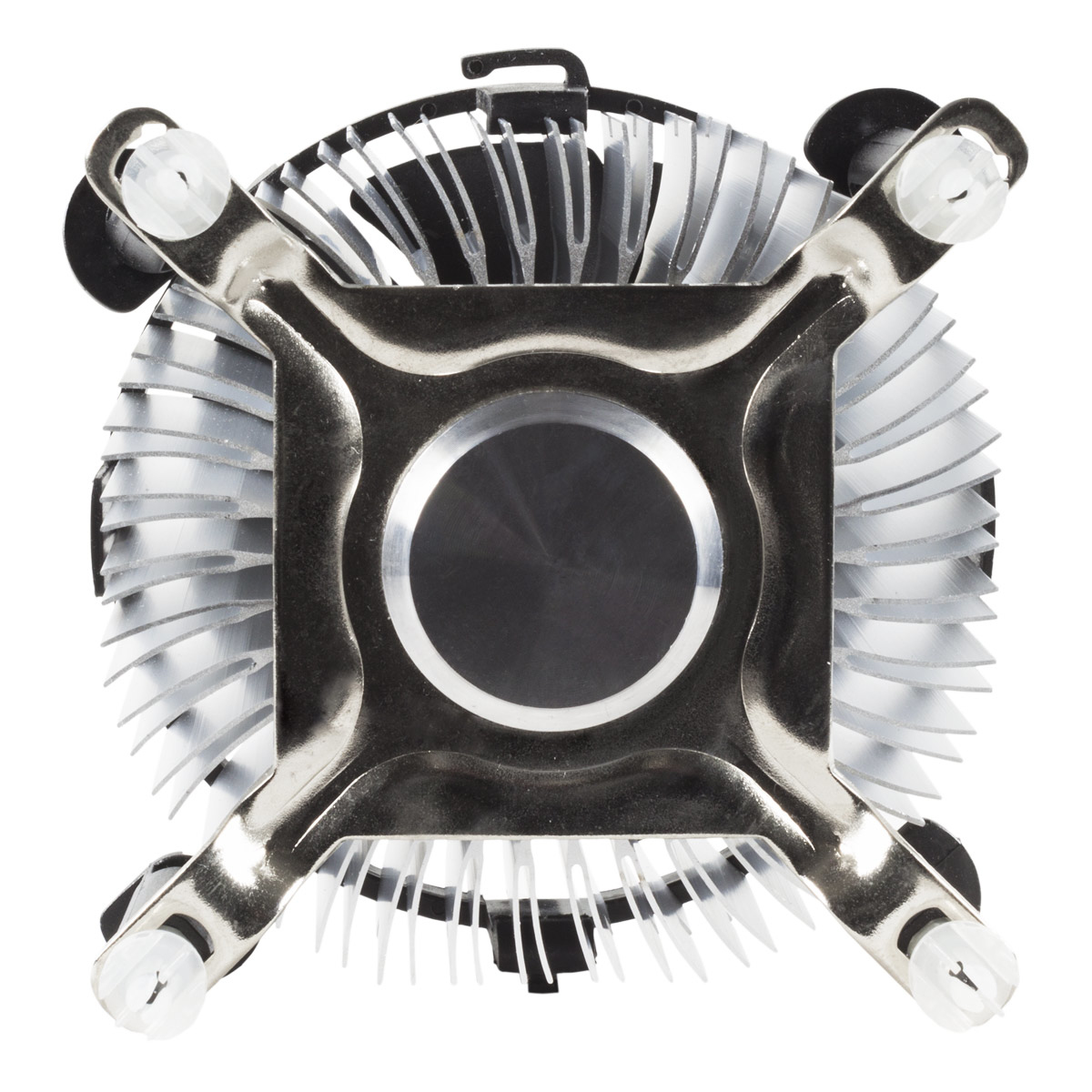 Widok z góry na chłodnicę procesora z żeberkami i centralnym wentylatorem.