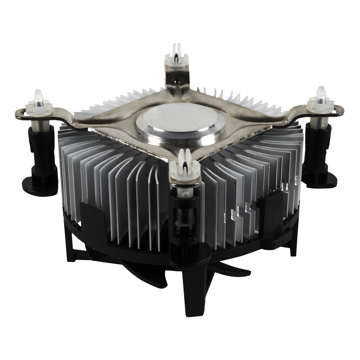 Chłodnica procesora. Widok z góry na wentylator i radiator z klipsami.