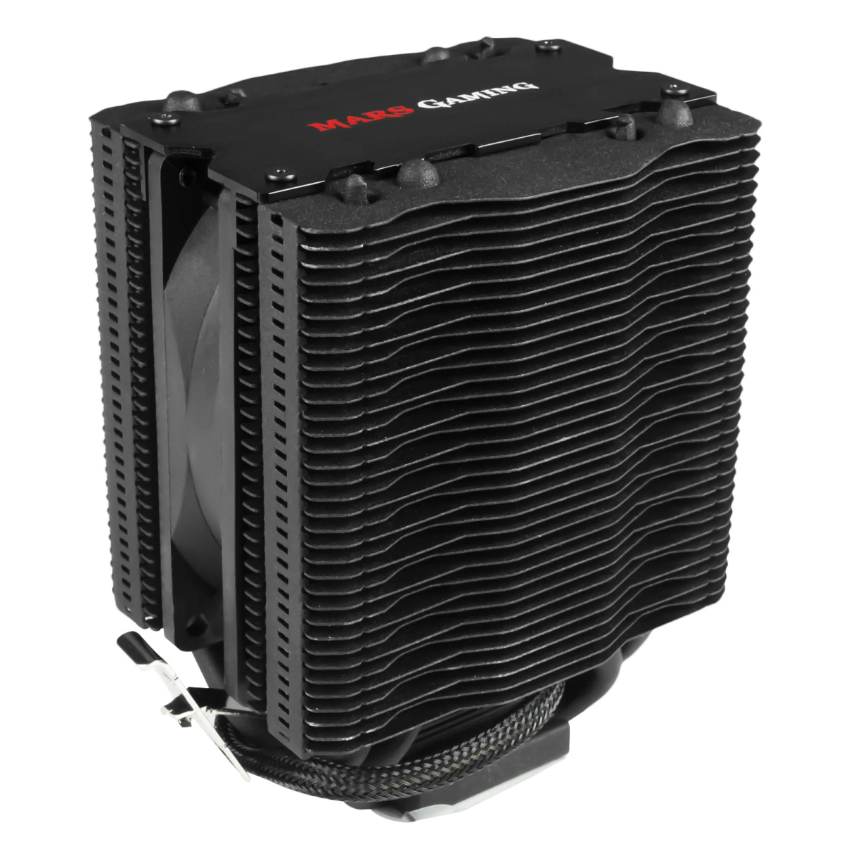 Dissipatore CPU nero con una ventola e un dissipatore di calore. Il testo 'MARS GAMING' è visibile in rosso.