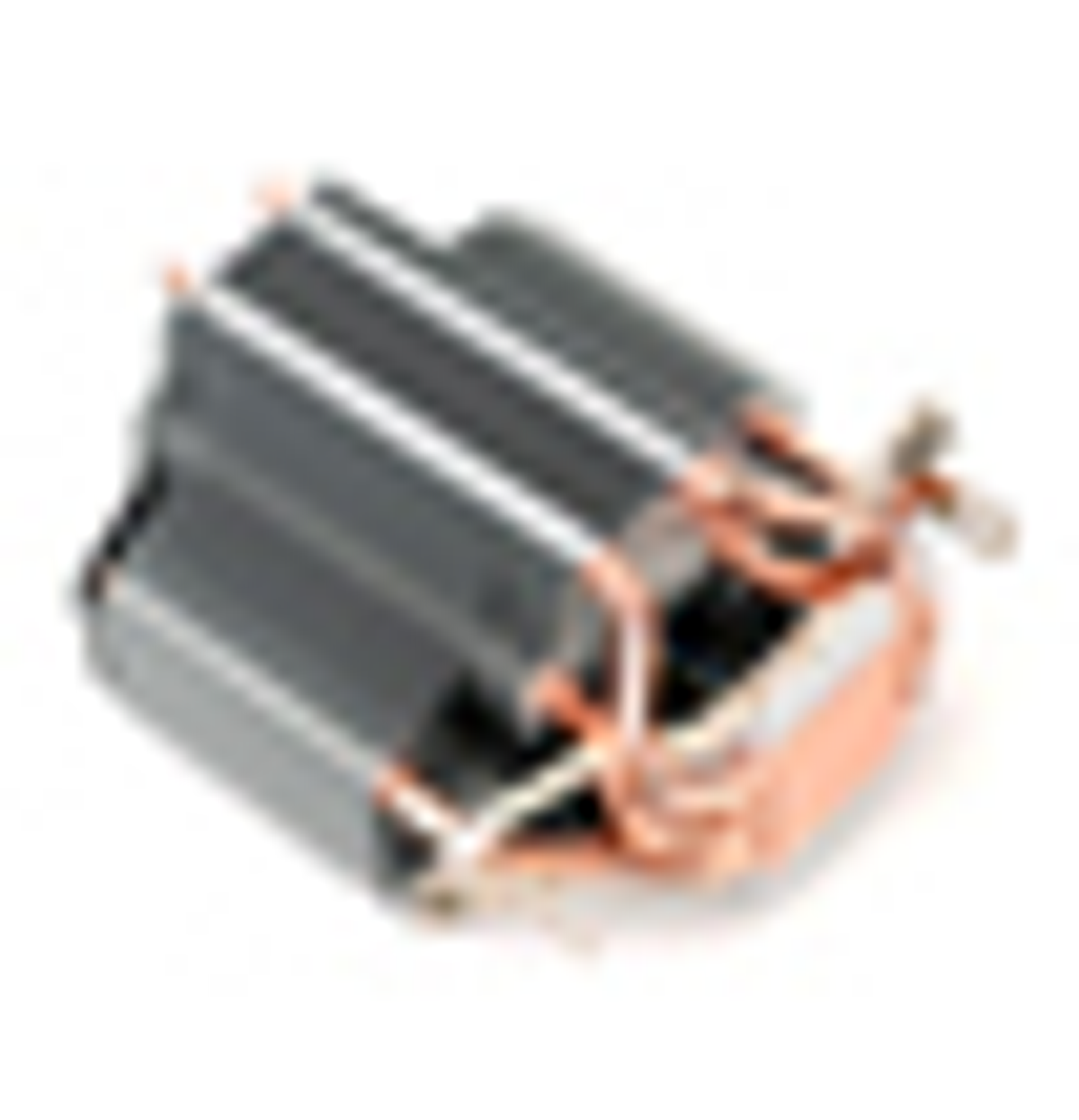 Mały metalowy radiator z miedzianymi rurami i żebrami, do chłodzenia komputera.