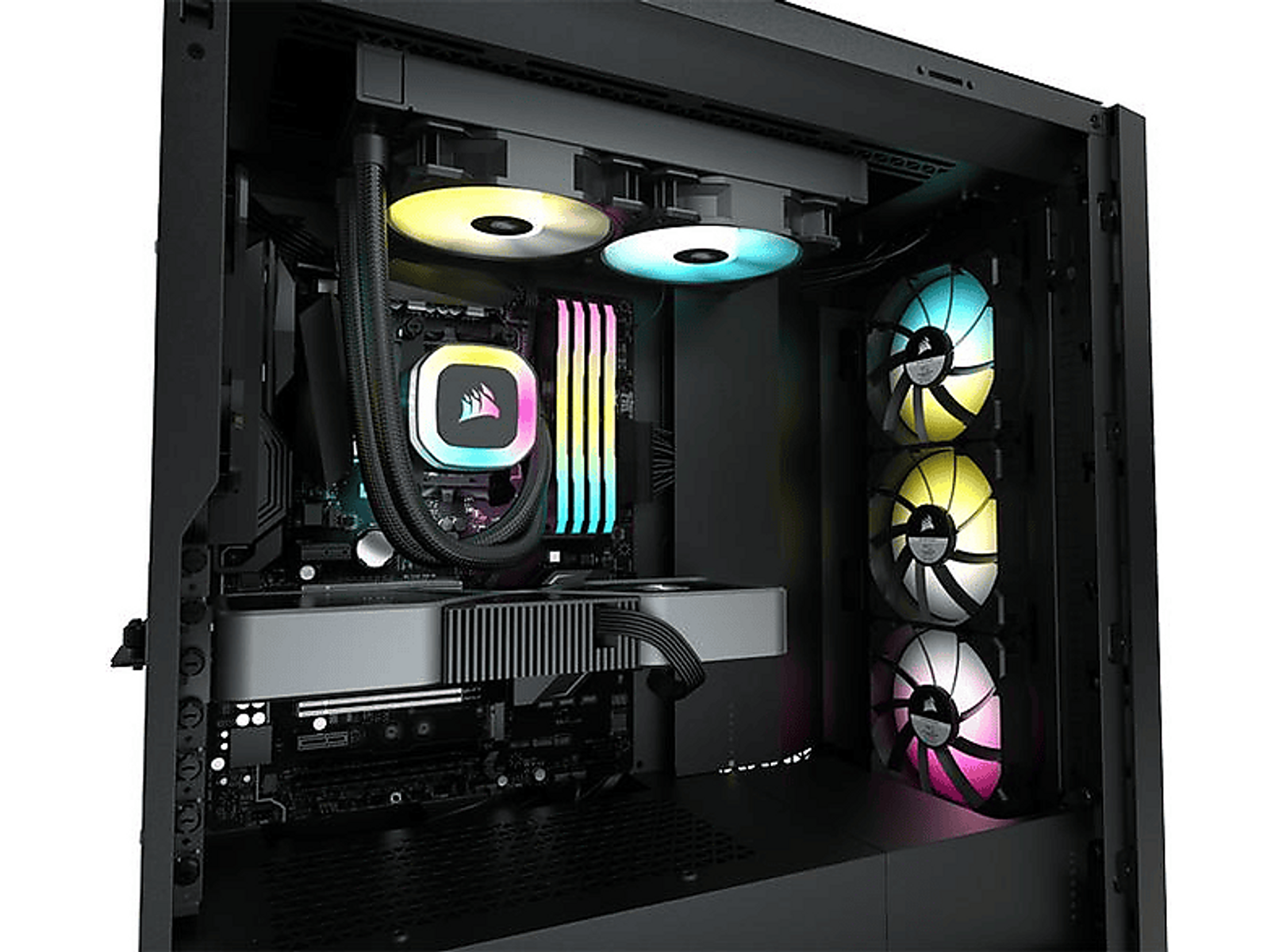 Interior de la caja de la computadora con componentes, iluminado por ventiladores RGB.