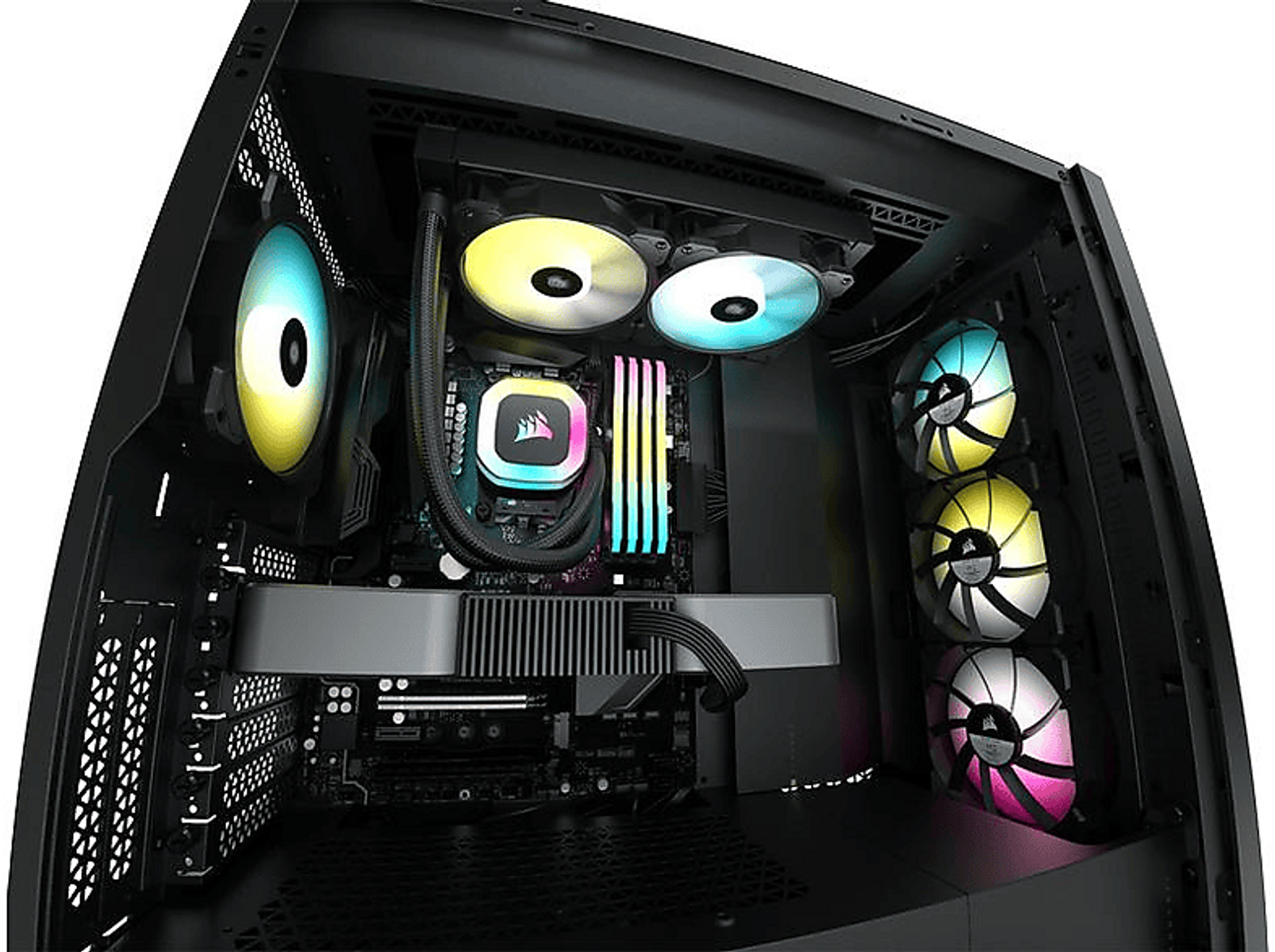 Interior de una caja de computadora con componentes: ventiladores, refrigerador y tarjeta gráfica.