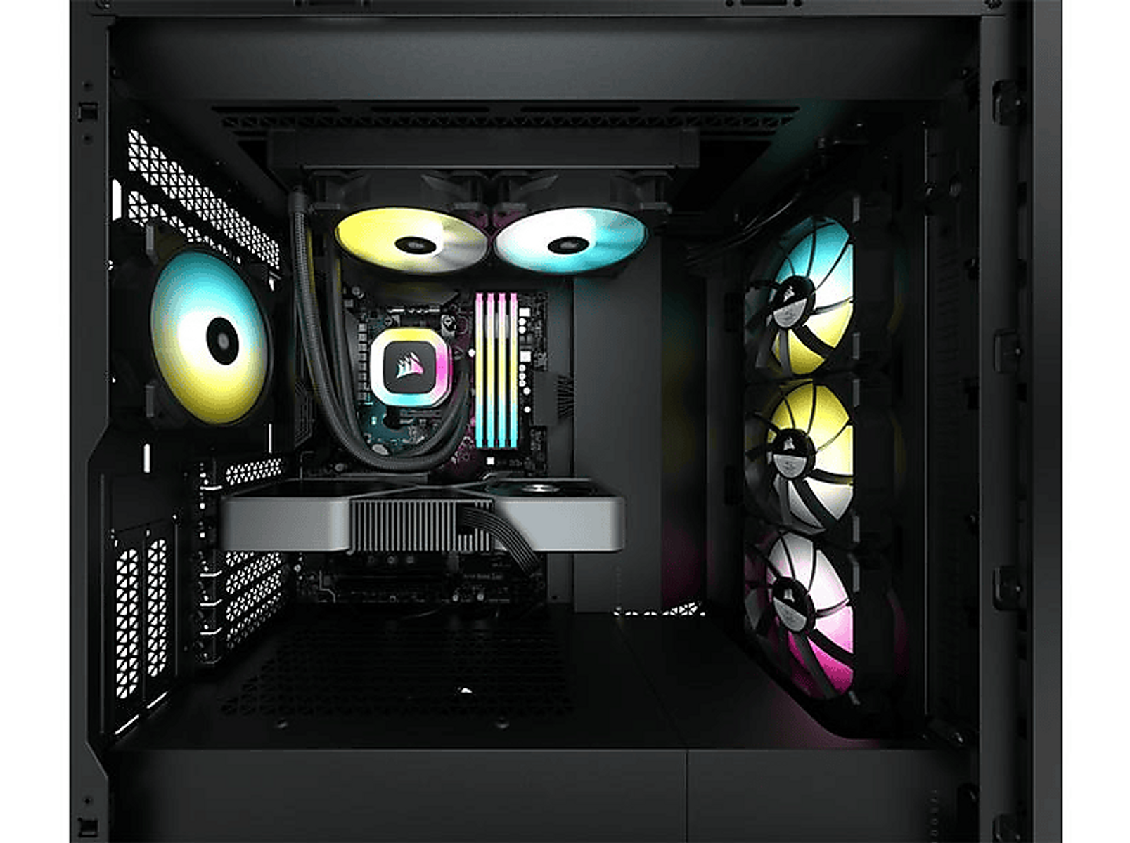 Dentro de una caja de computadora: ventiladores con RGB, una tarjeta gráfica y un enfriador líquido. La caja es negra.