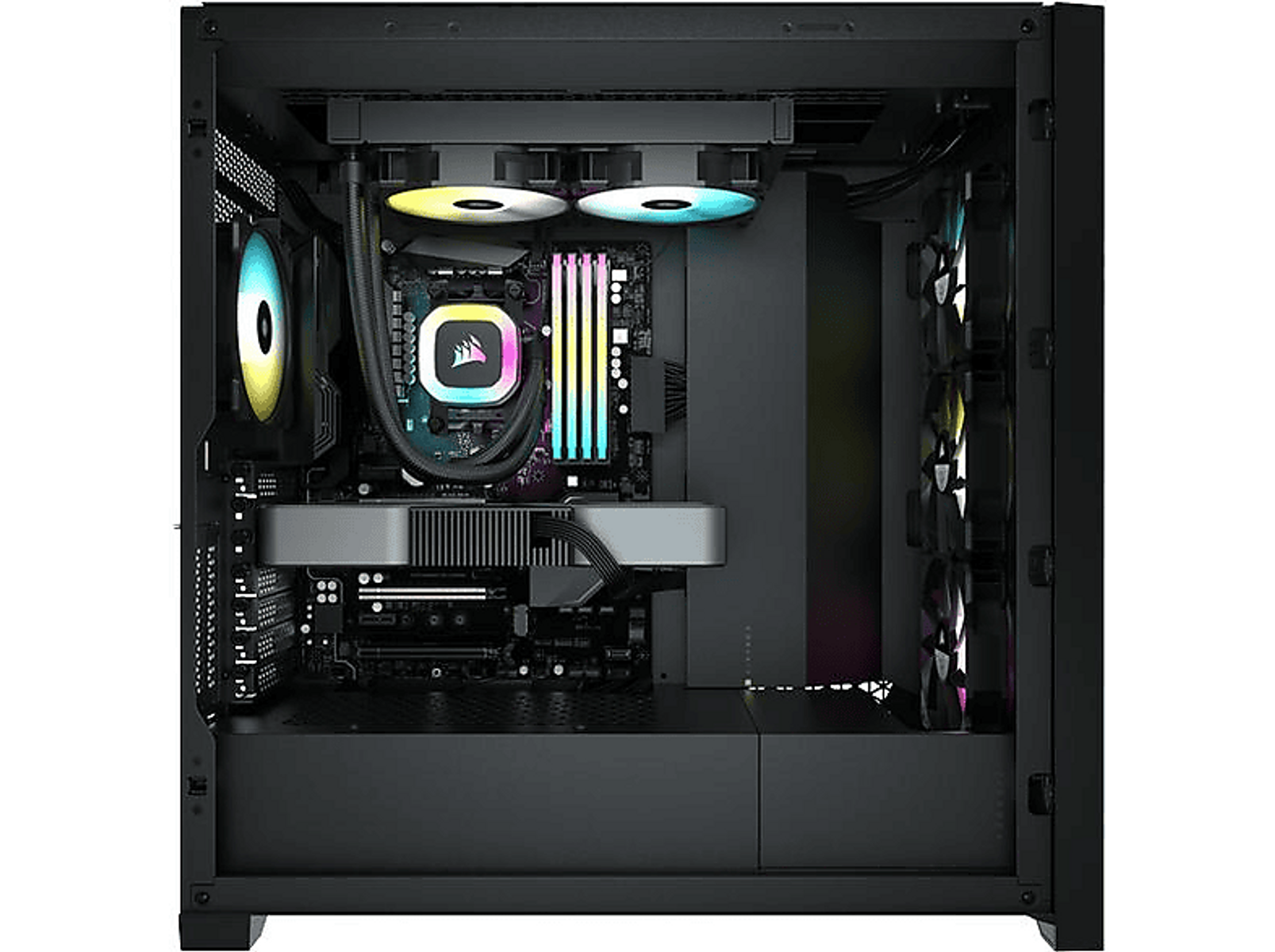 Interior de una caja de computadora, que muestra componentes: refrigerador, RAM, GPU y ventiladores.