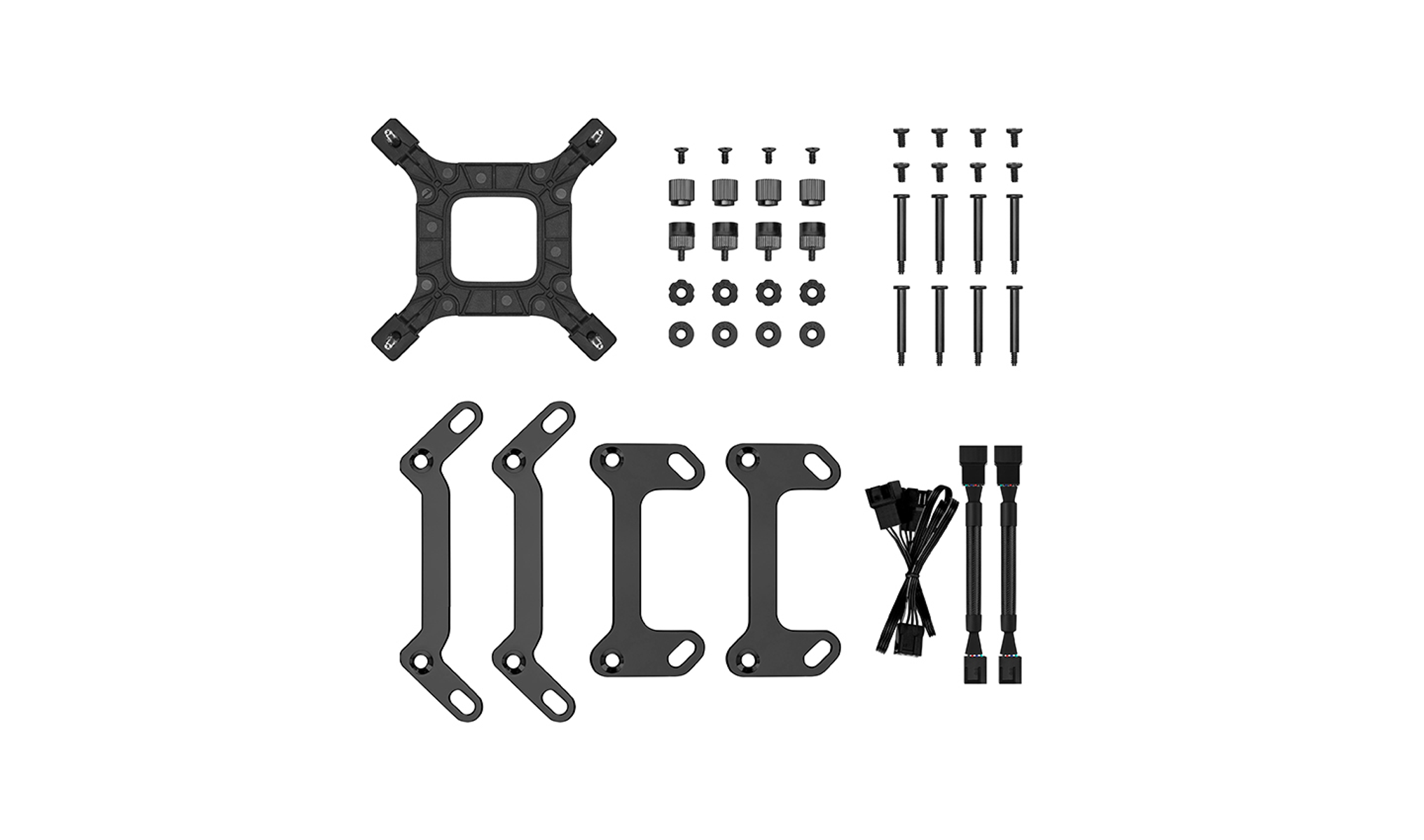 Zestaw sprzętu montażowego chłodnicy komputera: wsporniki, śruby, nakrętki i dystanse, wszystko w kolorze czarnym.