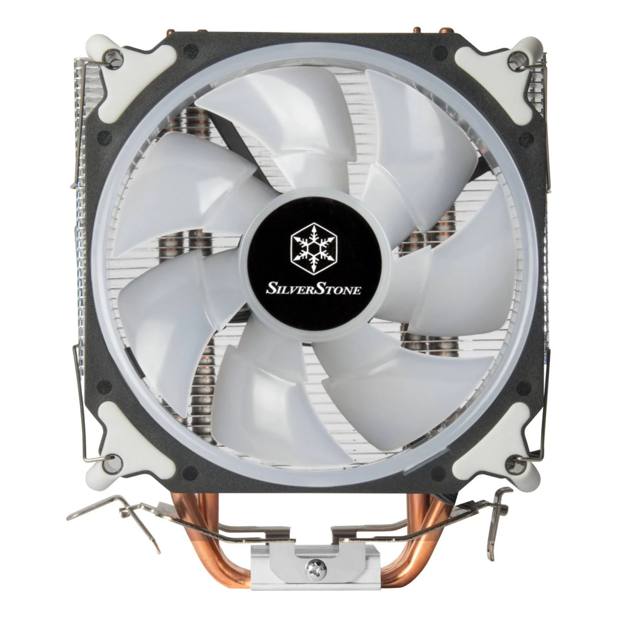 Una ventola per computer con pale bianche e cornice nera, logo silverstone al centro.