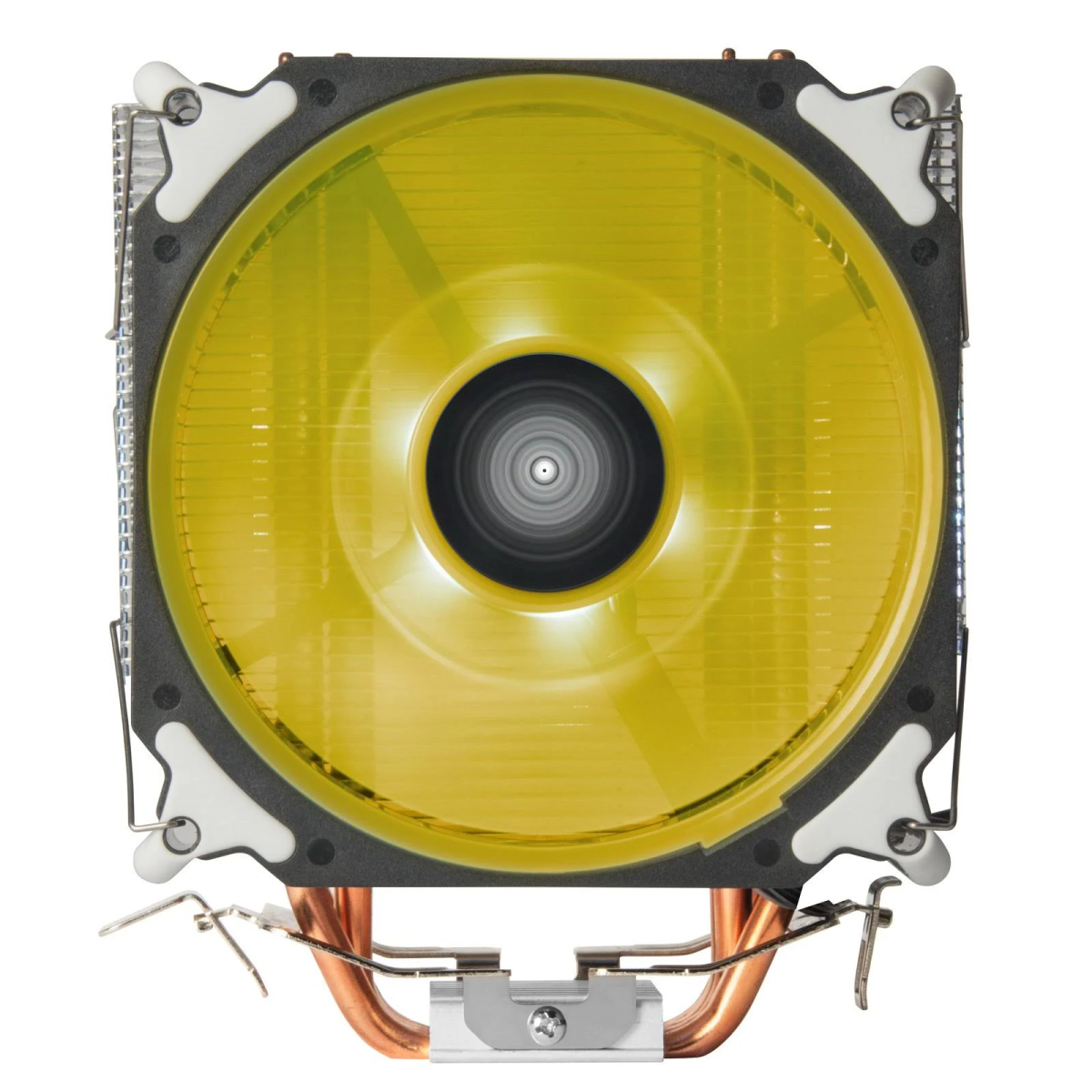 Un dissipatore CPU con ventola gialla e tubi in rame. Il dissipatore è su sfondo bianco.