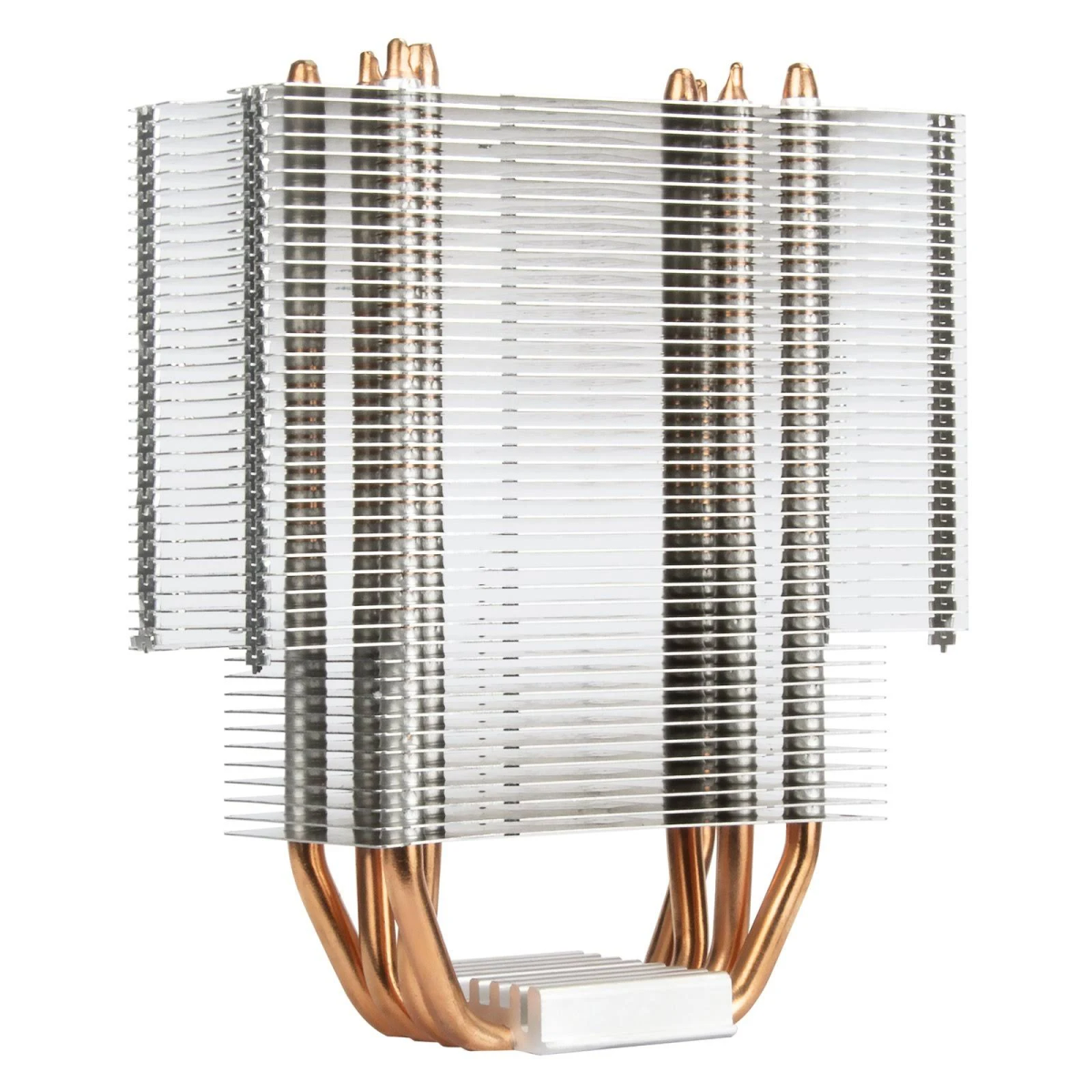 Un dissipatore di calore con alette metalliche e tubi di rame per CPU.