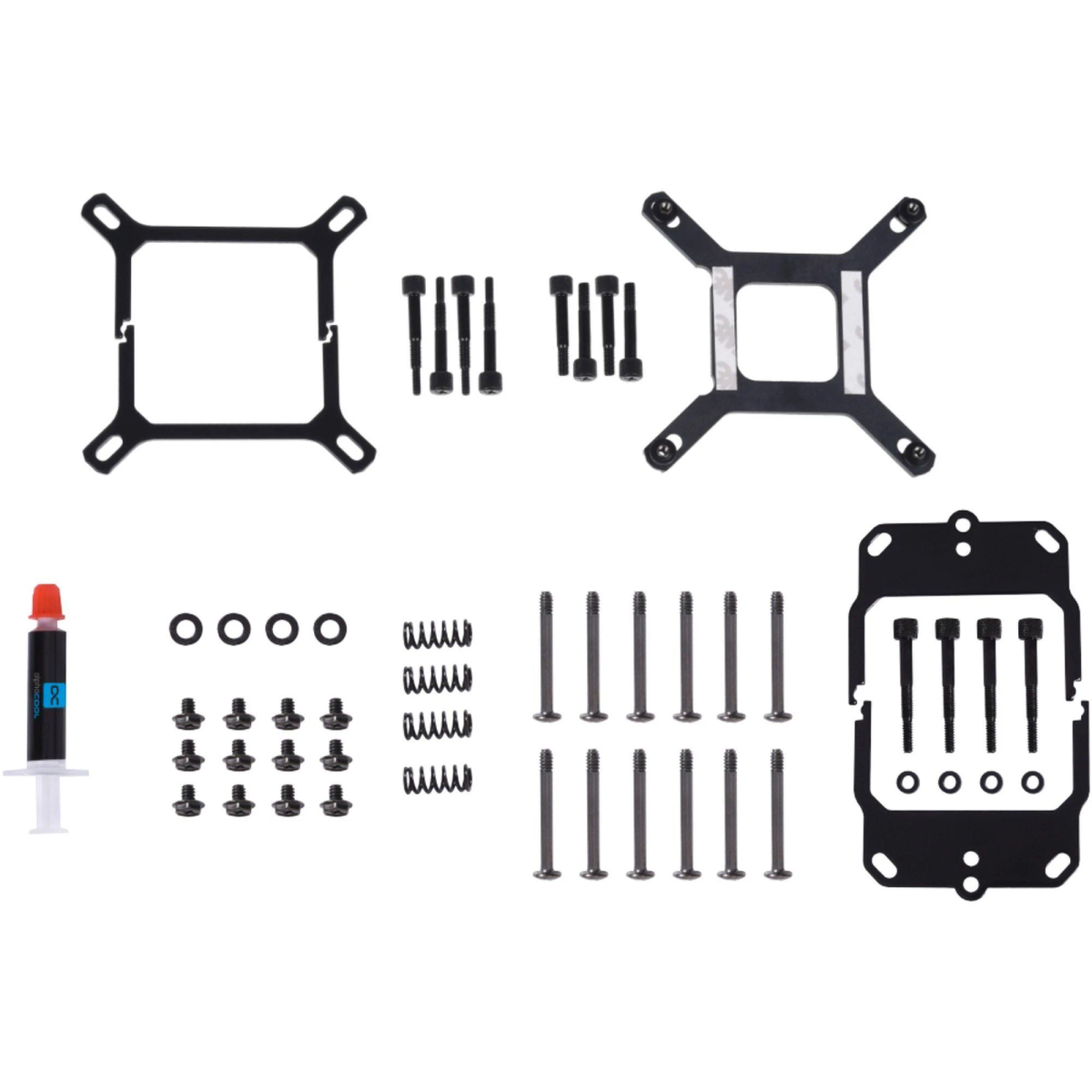 Elementy sprzętu komputerowego: wsporniki, śruby, pasta termoprzewodząca i elementy montażowe.