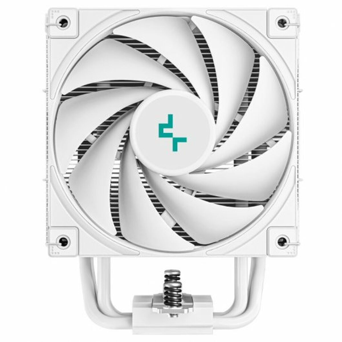 Biały wentylator CPU z białymi łopatkami i turkusowym logo.