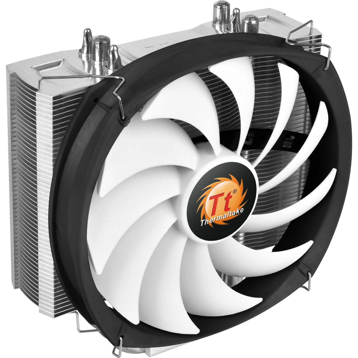 Beyaz fan kanatları ve siyah çerçeveli CPU soğutucu. Gümüş kanatçıklar. Ortada beyaz logo. Beyaz arka plan.