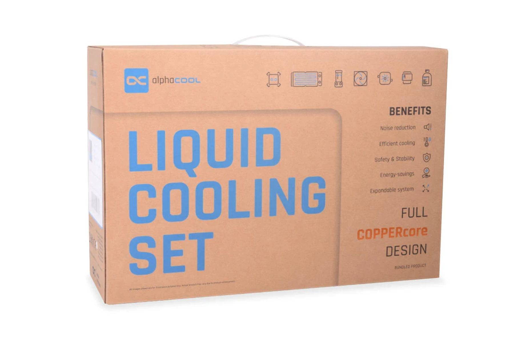 Kartonowe pudełko z napisem LIQUID COOLING SET dużymi literami. Wymienione korzyści.