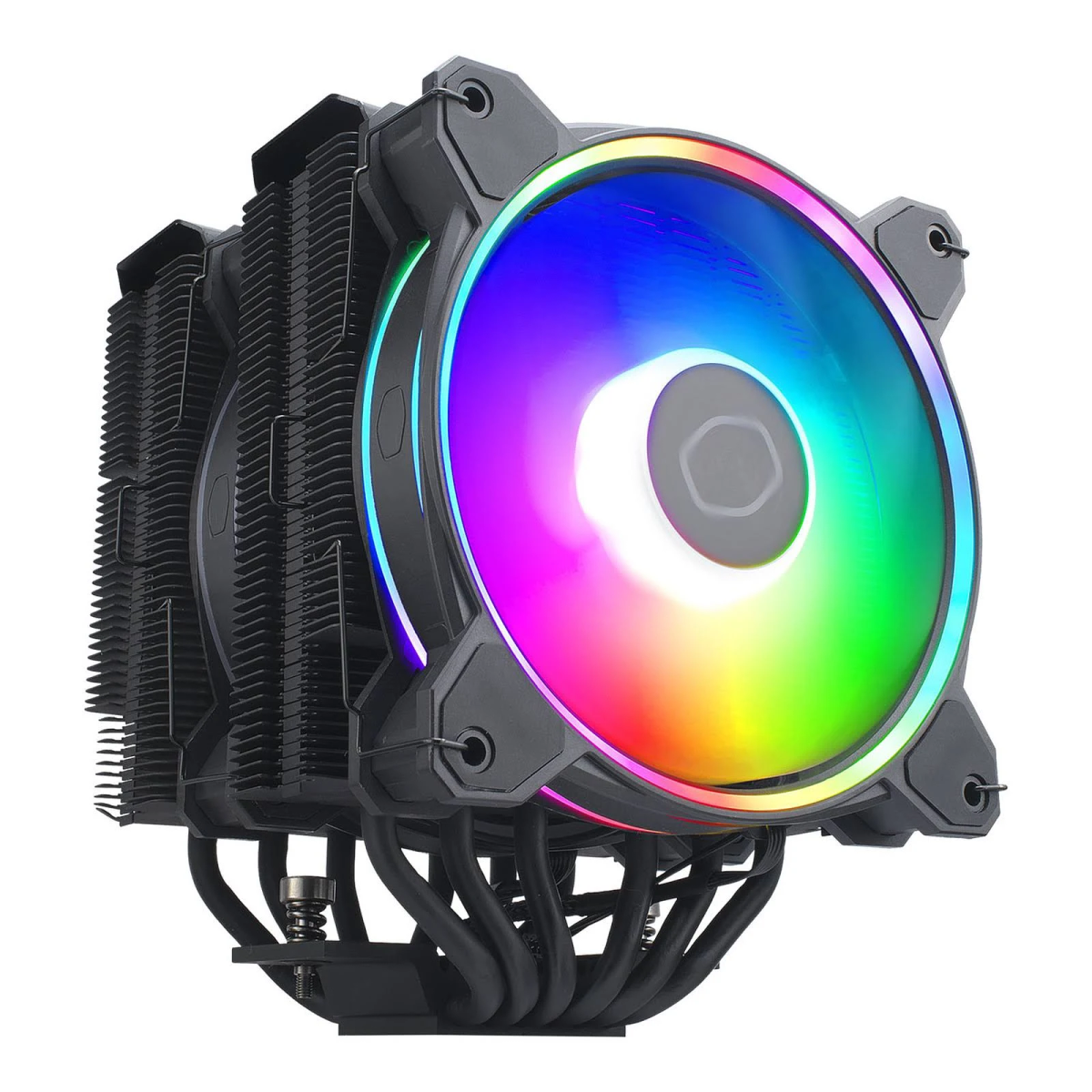 Ventola per computer nera con luci RGB. Multiple pale e tubi.